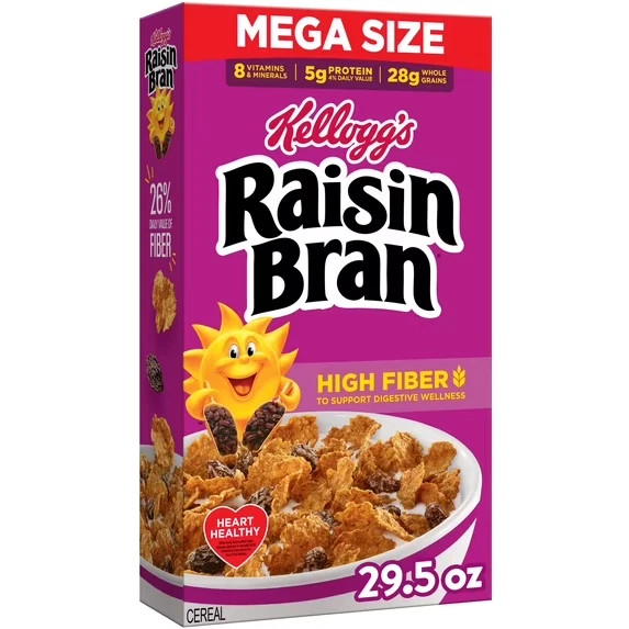 Kellogg’s Raisin Bran Breakfast Cereal, High Fiber, 28g Whole Grain, Mega Size Kellogg’s Raisin Bran Breakfast Cereal, High Fiber, 28g Whole Grain, Mega Size