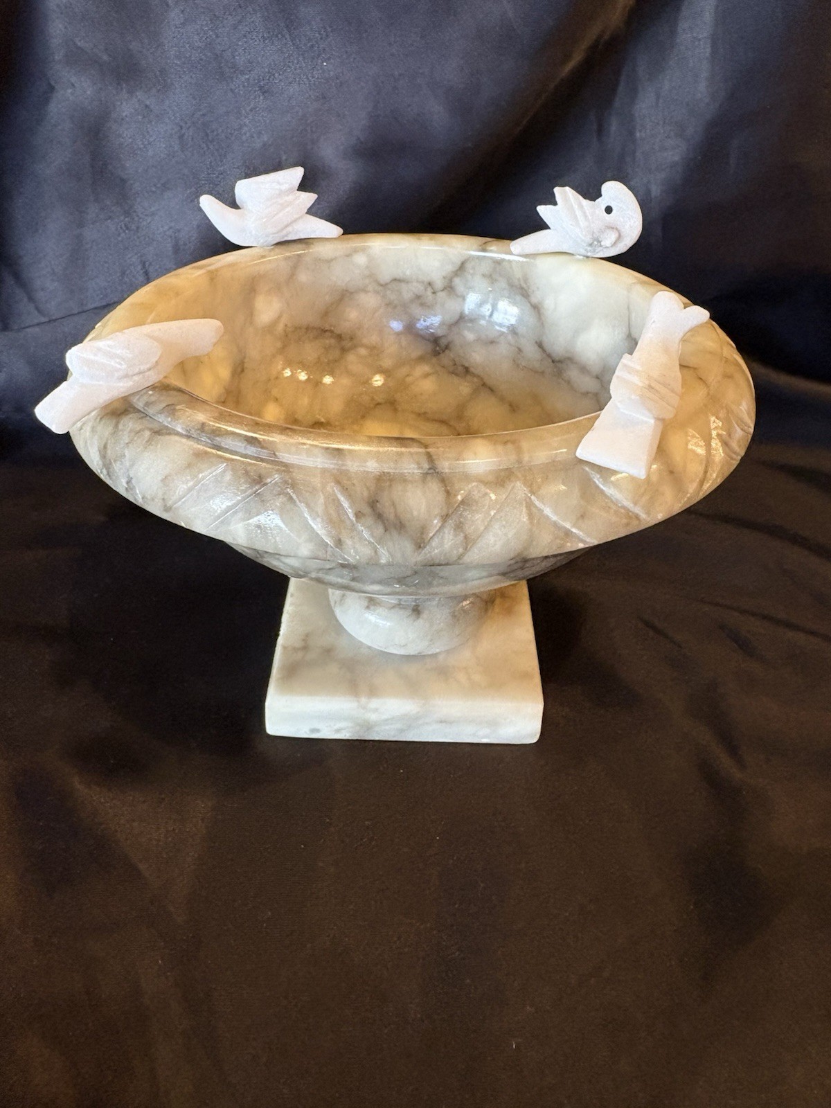 Vintage Italian Alabaster Bird Bath Hand Carved Stone 6” With 4 Birds