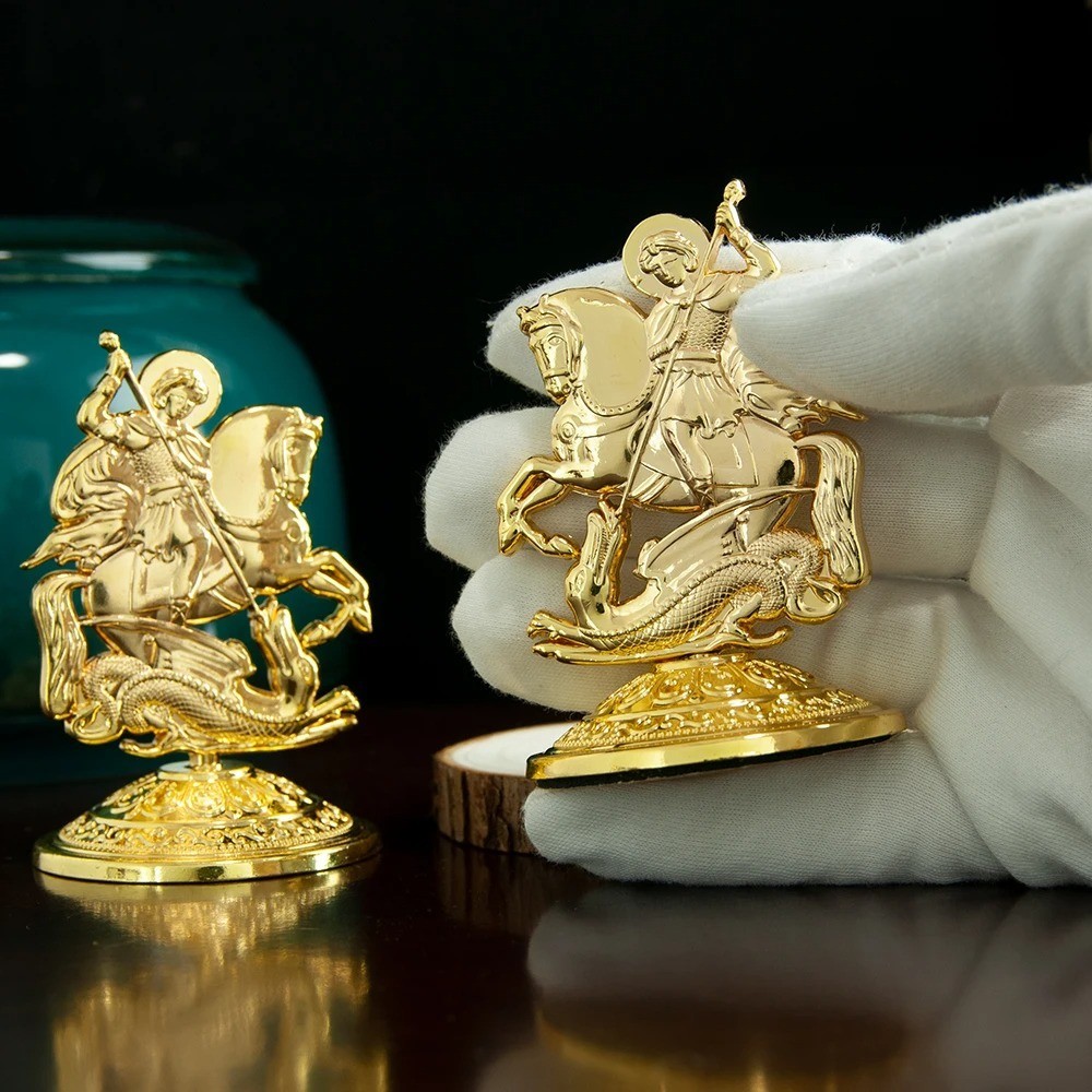 Orthodox Saint George Alabaster Statue Horse Slaying Dragon Religious Art Orthodox Saint George Alabaster Statue Horse Slaying Dragon Religious Art