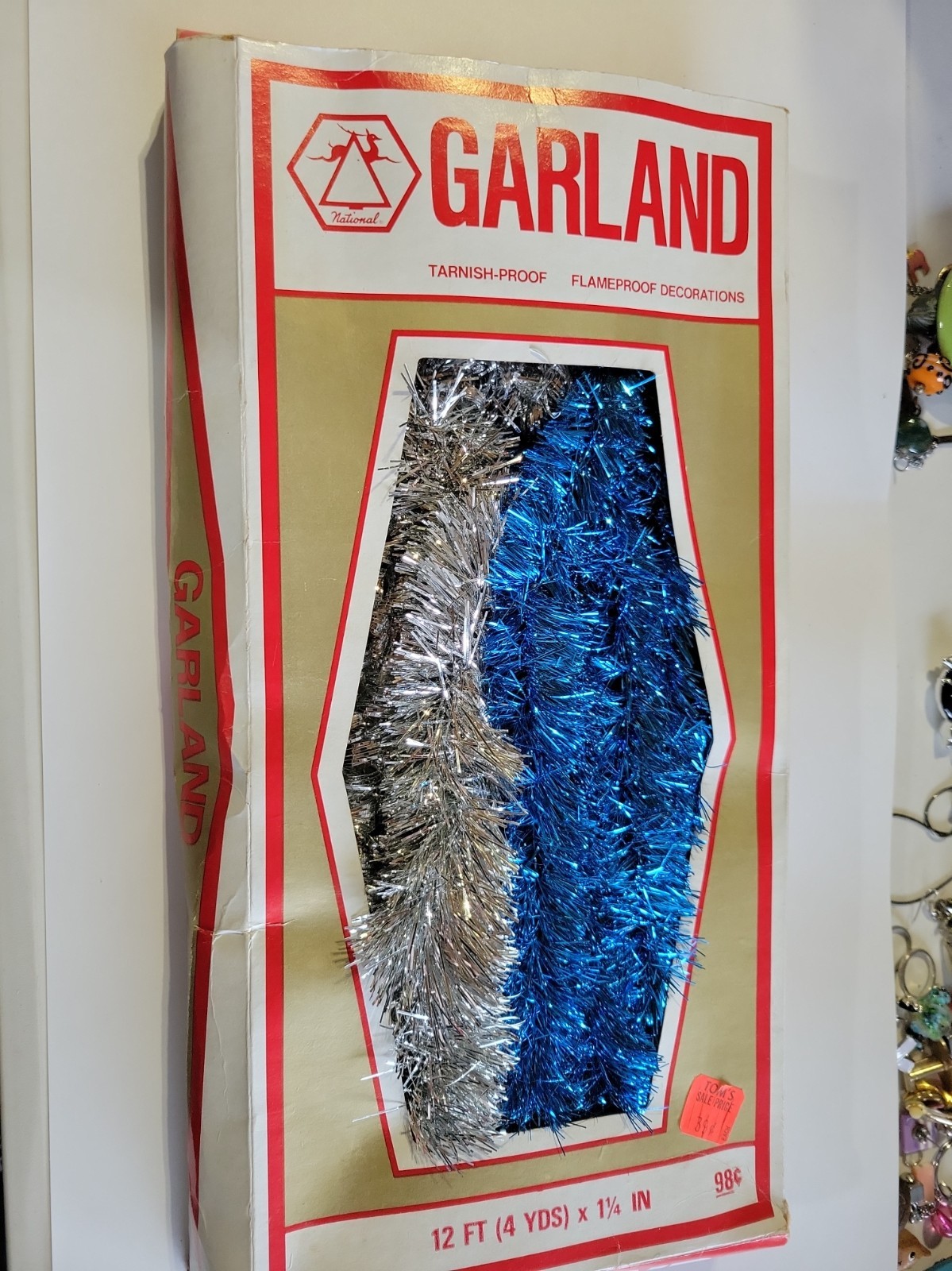 National Tinsel Silver/ Blue Christmas Tree Garland  VTG  12 ft Box USA