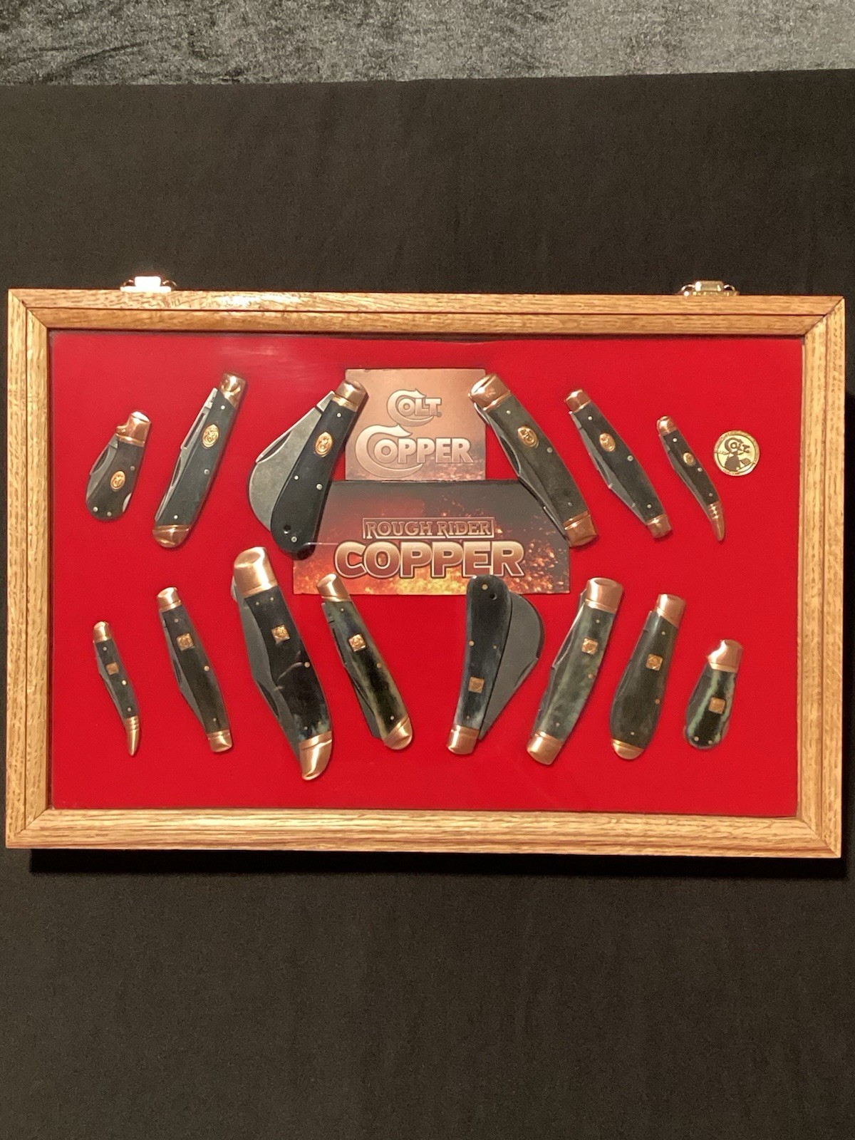 Lot of 14 Folding Pocket Knives w/ Wooden Display Case, Colt, Rough Rider Copper