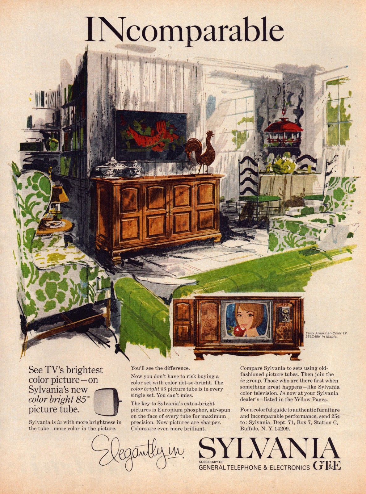 1965 Sylvania Color TV Set Print Ad Elegant Incomparable Maple Furniture