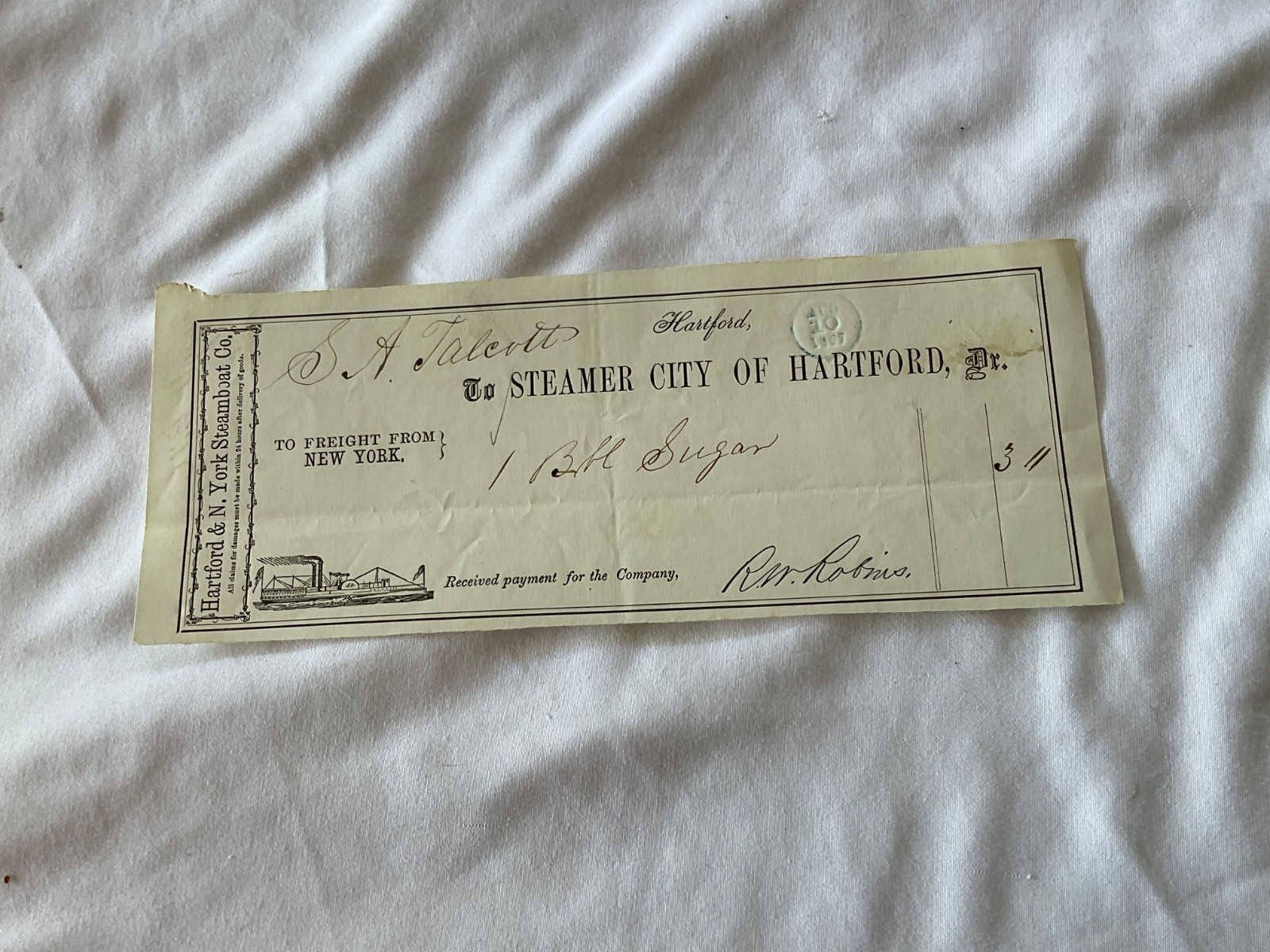 STEAMER CITY OF HARTFORD, HARTFORD & N. YORK STEAMBOAT CO. CHECK 1857