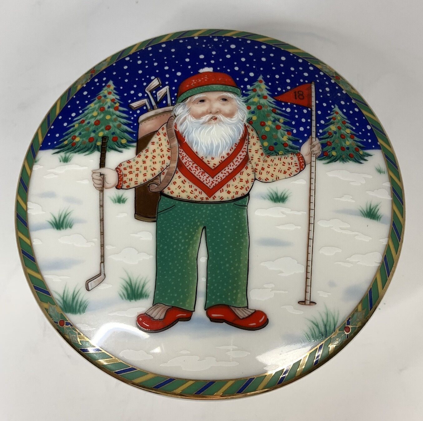 Christmas Mikasa North Pole Golf Santa Candy Dish Trinket Box UT119/683