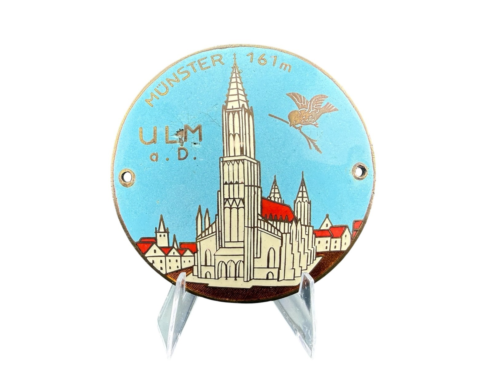 VINTAGE munster 161m ulm a.d . ENAMEL AUTOMOBILE RADIATOR CAR BADGE GERMANY