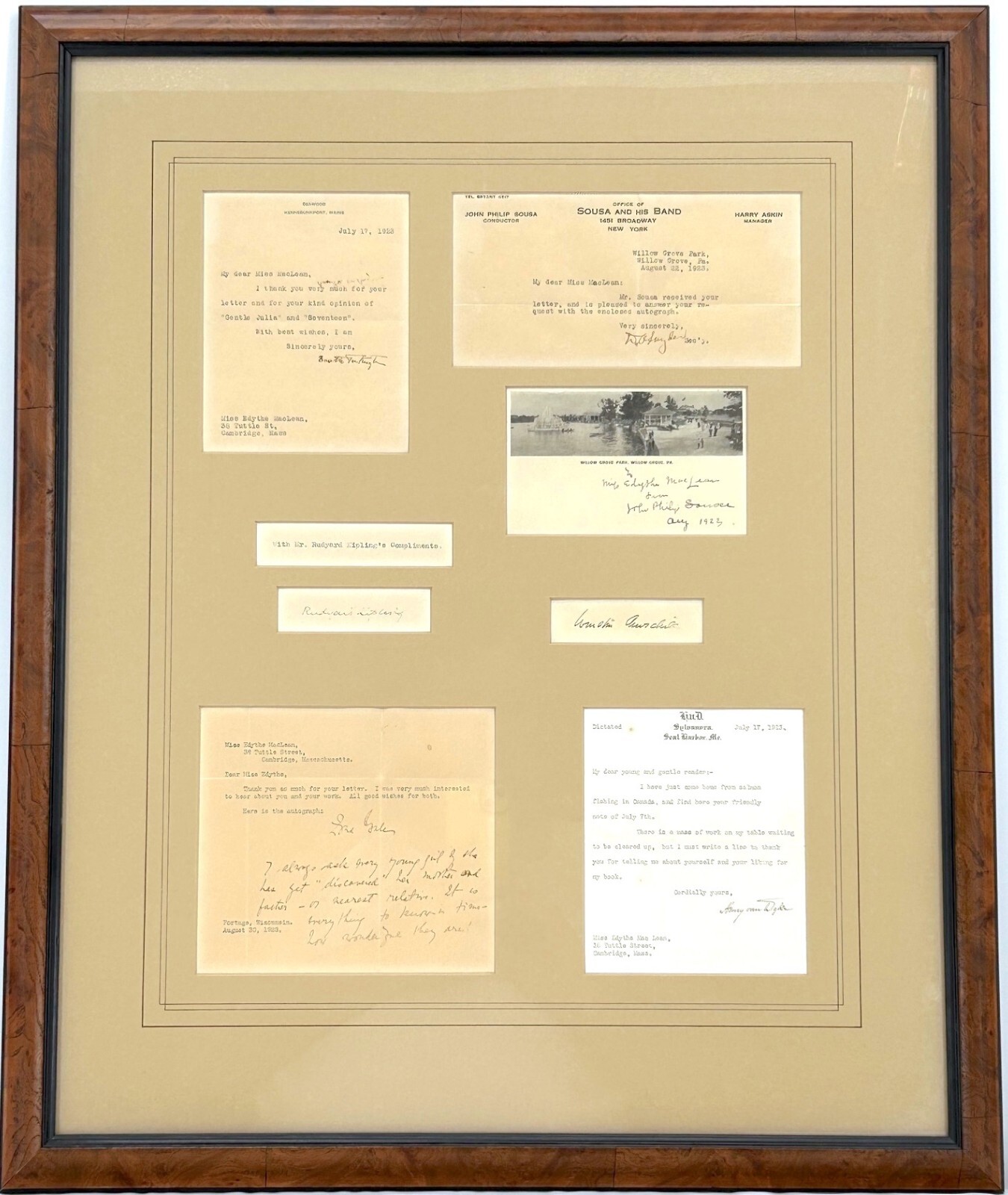 Rudyard Kipling, Henry Van Dyke, Zona Gale... - Set of (7) Novelists Autographs