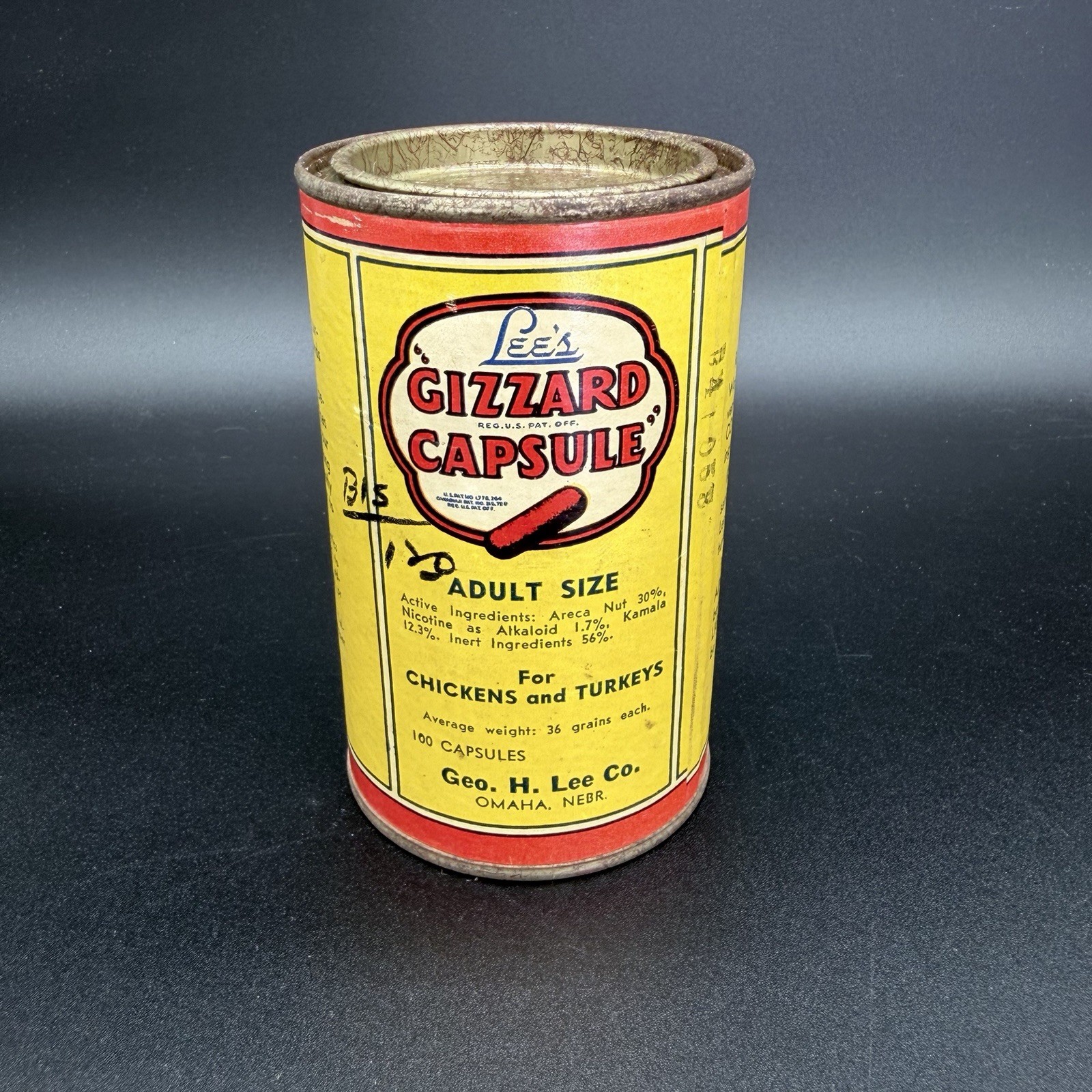 VTG LEE’S GIZZARD CAPSULE CONTAINER CAN SIGN FARM FOR CHICKENS & TURKEYS - Adv.