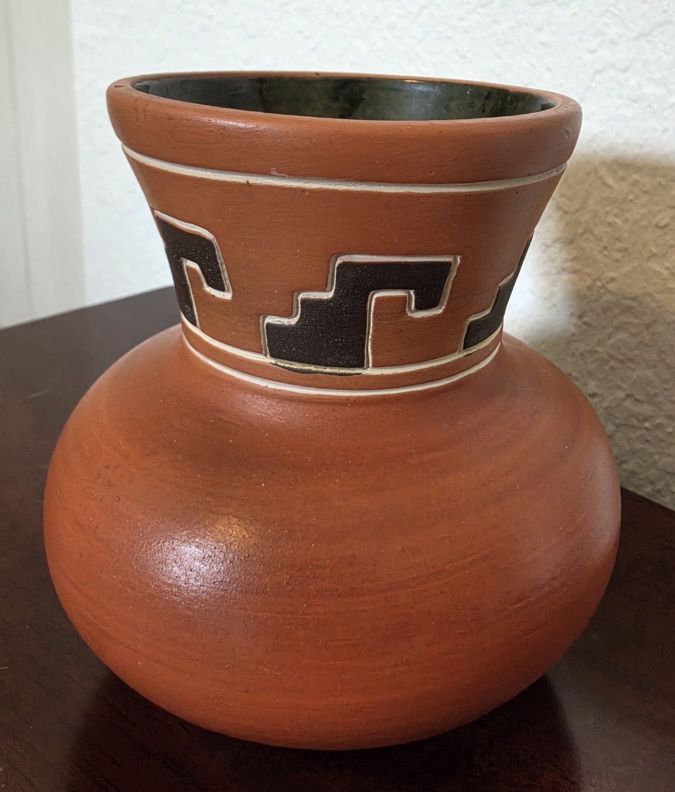 Vtg Leopoldo De Mexico Red Clay Pottery Vase Geometric Aztec Folk Art Green...