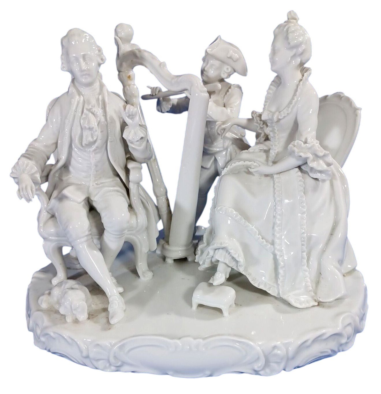 German Antique UNTERWEISSBACH Porcelain  Aristocrat Musician Harp Blanc De Chine