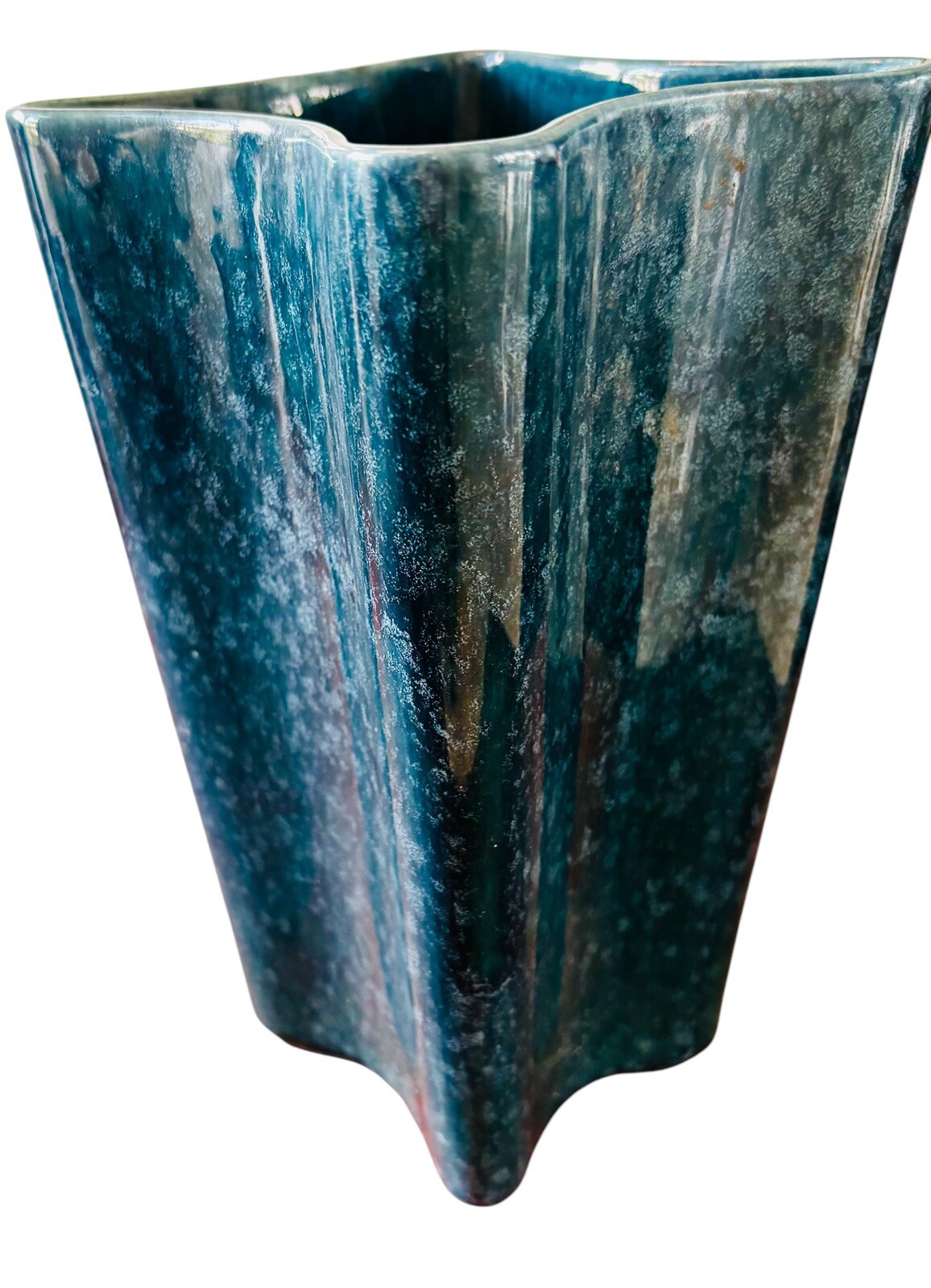SHAWNEE KENWOOD MCM COLLECTIBLE TEAL STARDUST CURVED SQUARE VASE, USA 2012, 8\ SHAWNEE KENWOOD MCM COLLECTIBLE TEAL STARDUST CURVED SQUARE VASE, USA 2012, 8\