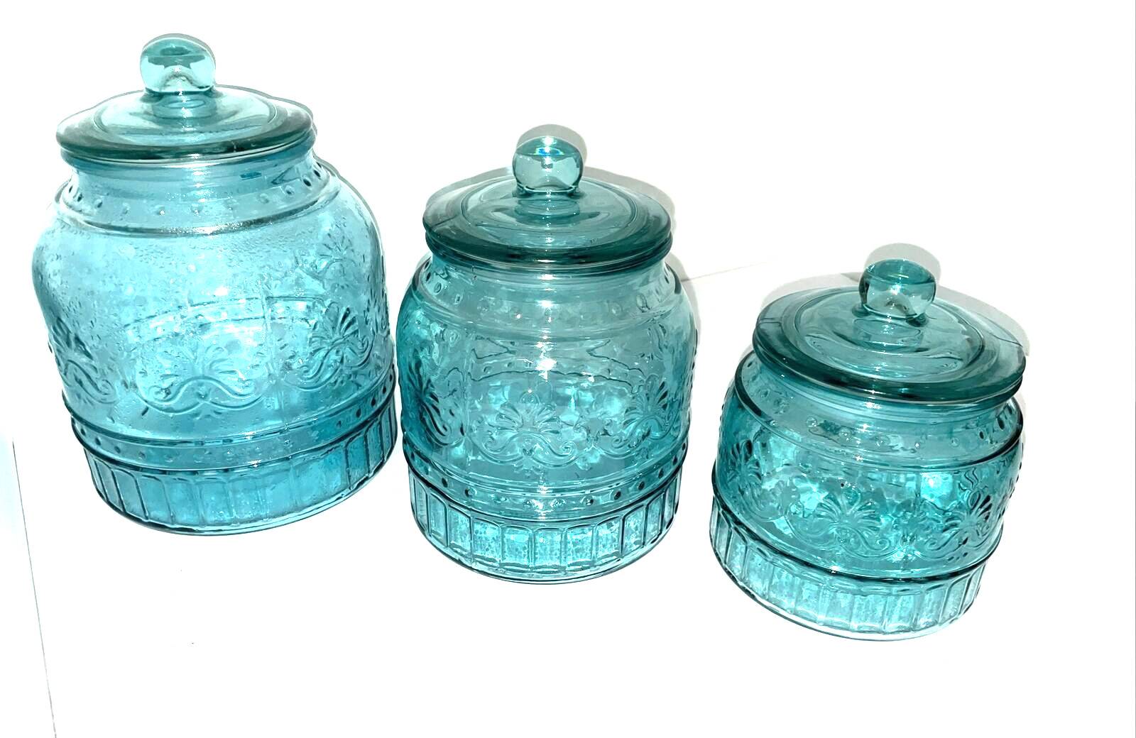 Set of 3 The Pioneer Women Adeline Glass Blue Turquoise Cookie Jars