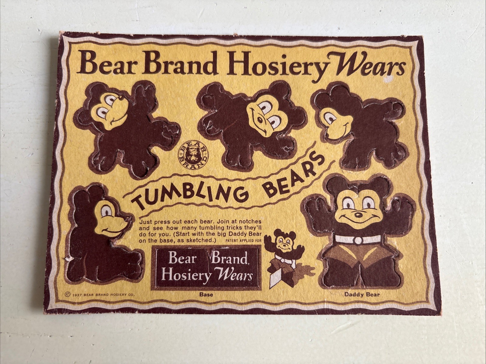 Vintage 1937 Bear Brand Hosiery Wears Cardboard Tumbling Bears