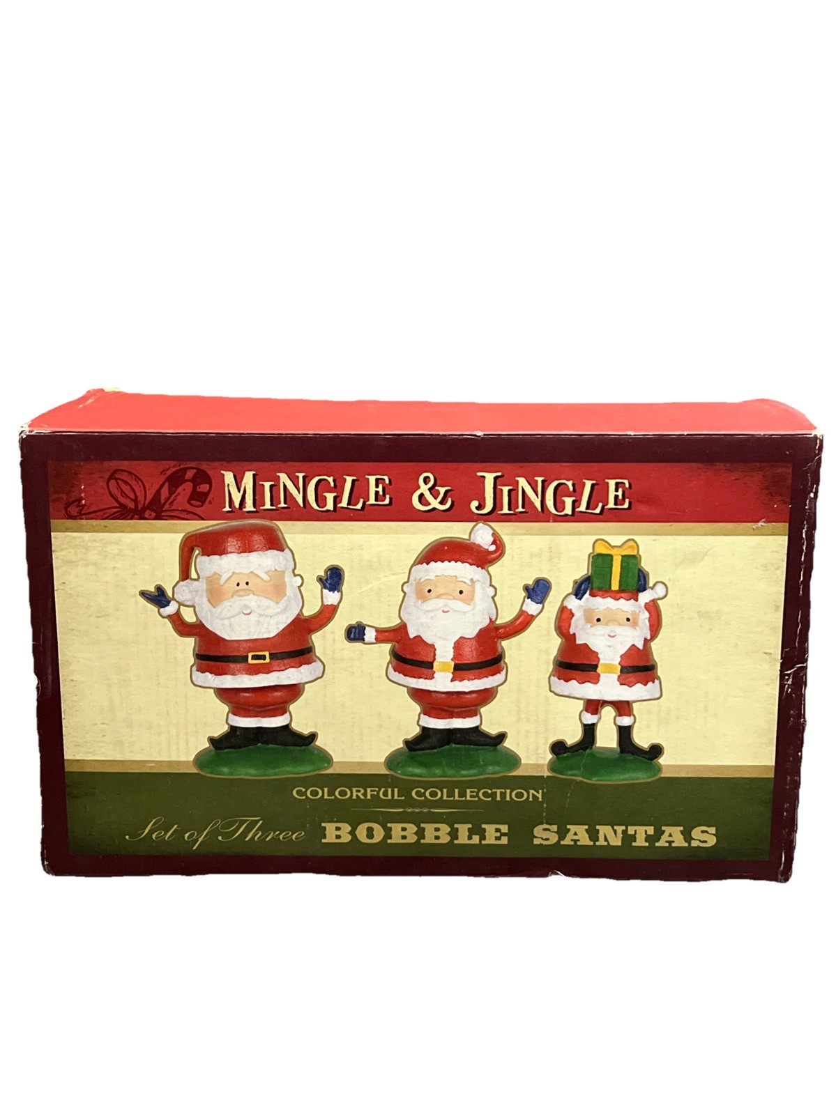 Vintage MINGLE & JINGLE - Set of three Bobble Santas Colorful Collections New