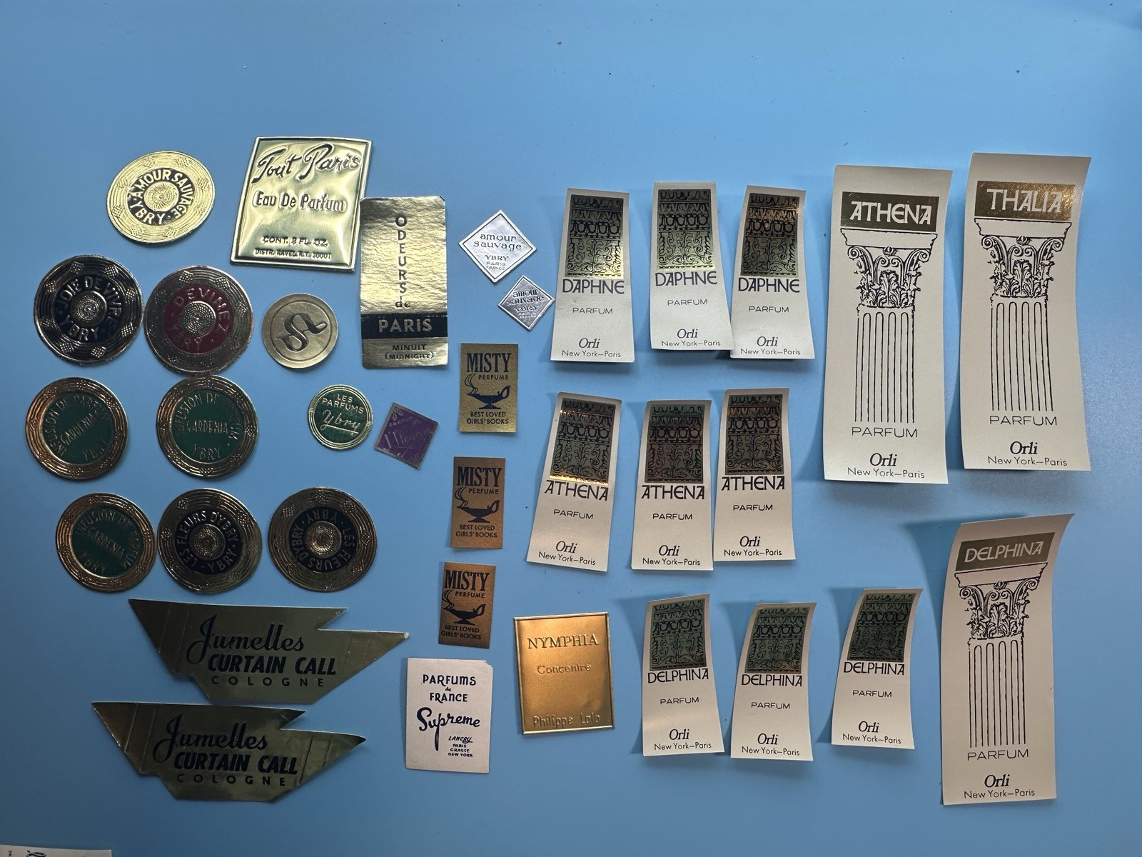 Vintage Perfume Labels Lot of 34 Ybry Devinez Joie de Vivre Orli Athena Jumelles