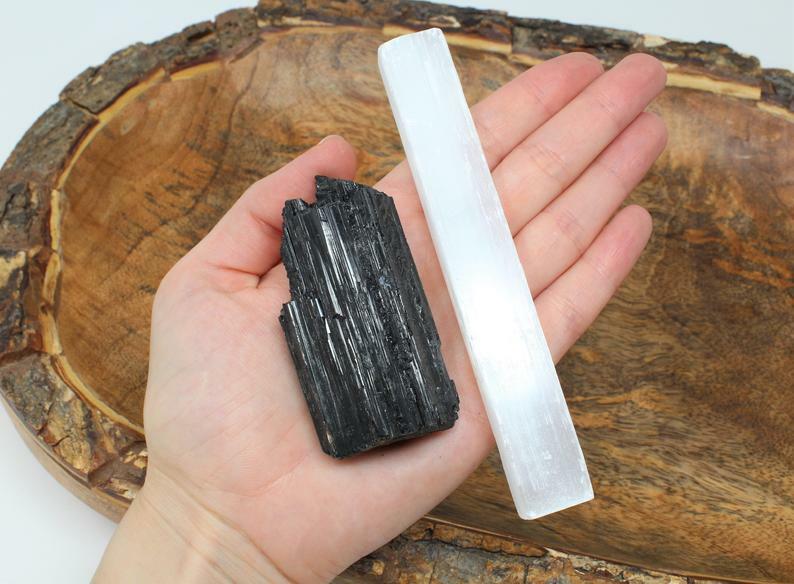 Black Tourmaline Chunk and 1 Selenite Stick 5\