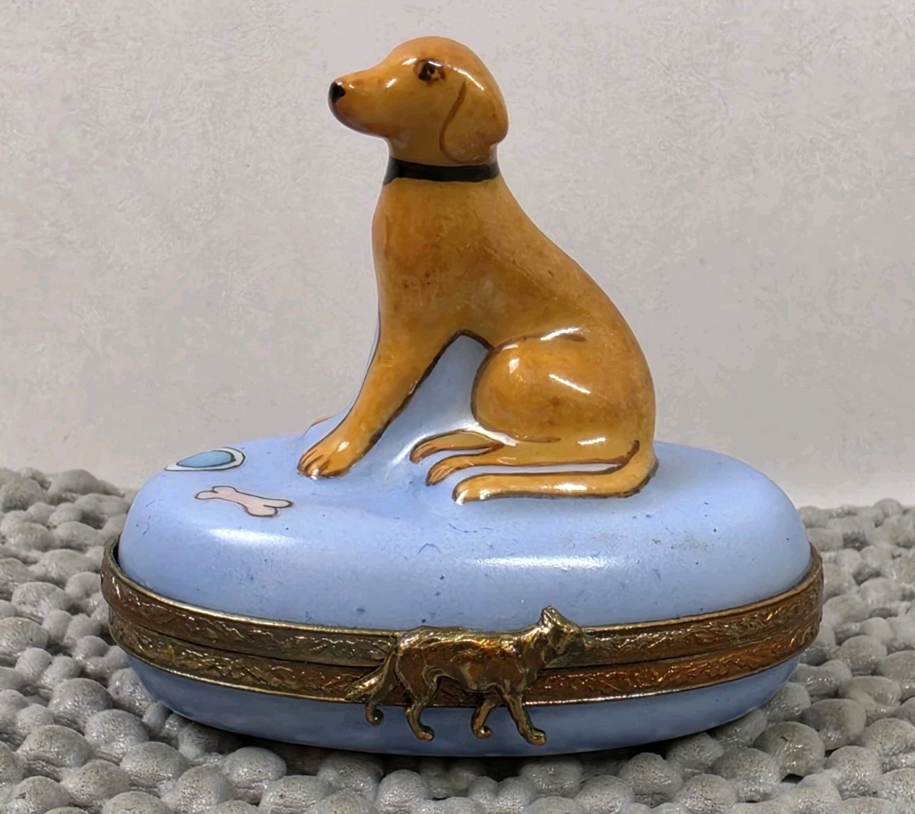 VTG Peint Main Limoges France Porcelain Dog Trinket Box Golden Retriever-Lab