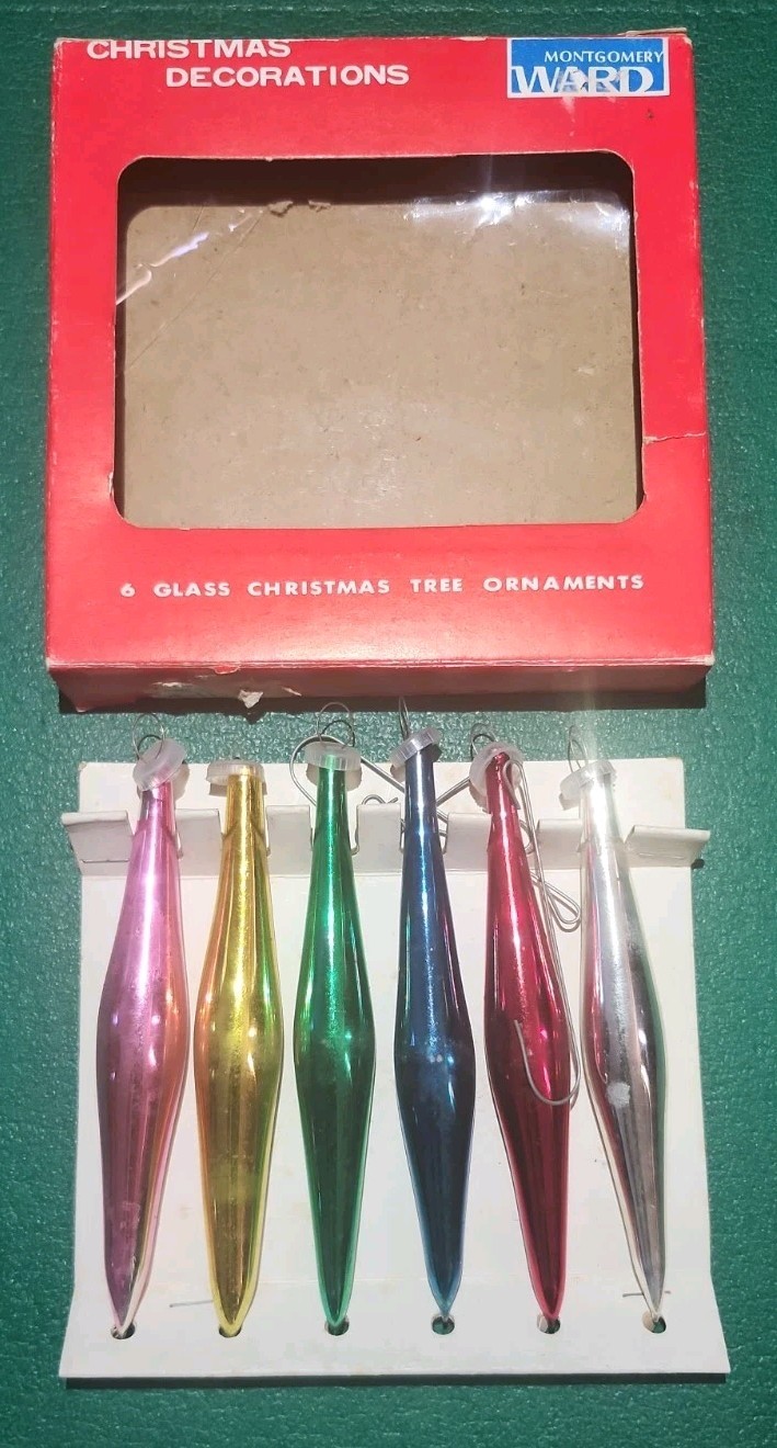 6 Vintage Handblown Teardrop Mercury Glass Christmas Spindle Rainbow Icicle 4.5\
