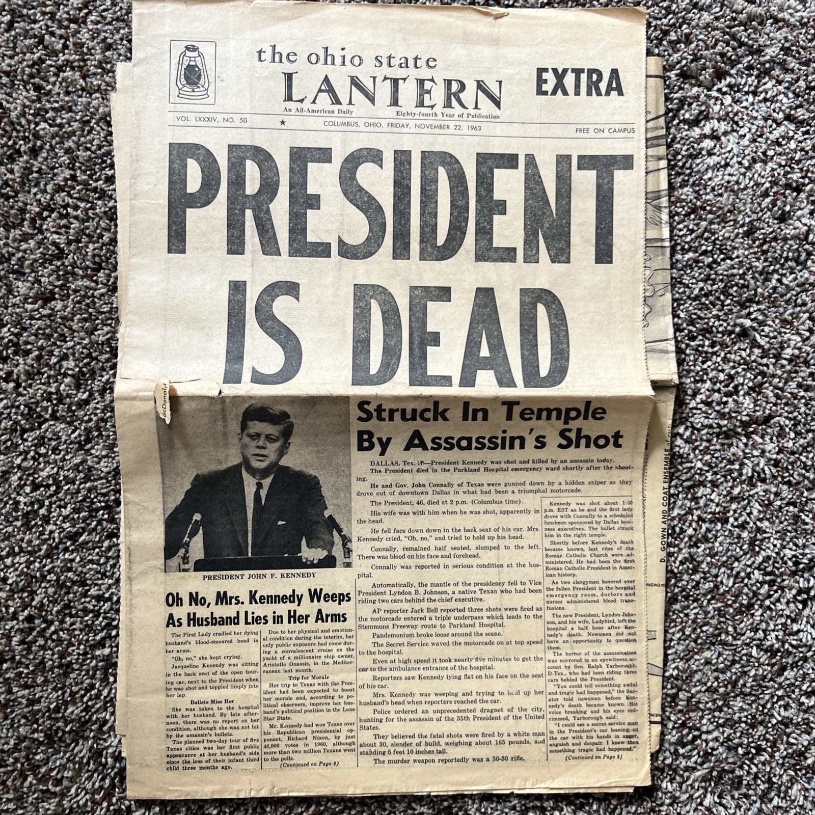 1963 JFK Assassination Newspaper PRESIDENT IS DEAD The Ohio State Lantern