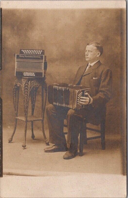 1910s Kansas City Studio Photo Postcard Older Man with Two ACCORDIONS / Musician