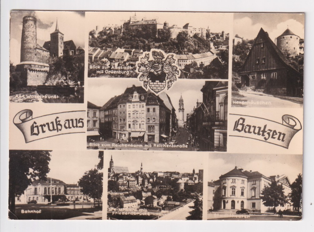Bauzen DDR 1959: 7 pictures BW map, Reichenstraße and Reichenturm + 6, used