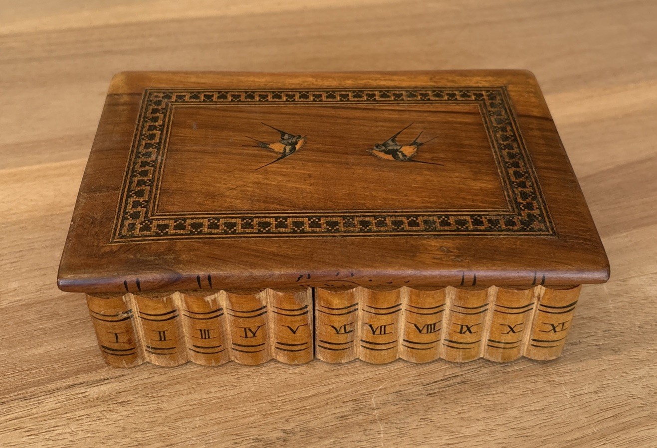 Art Deco Italy Sorrento Ware Wooden Wood Box Swallow Bird Lid 6”