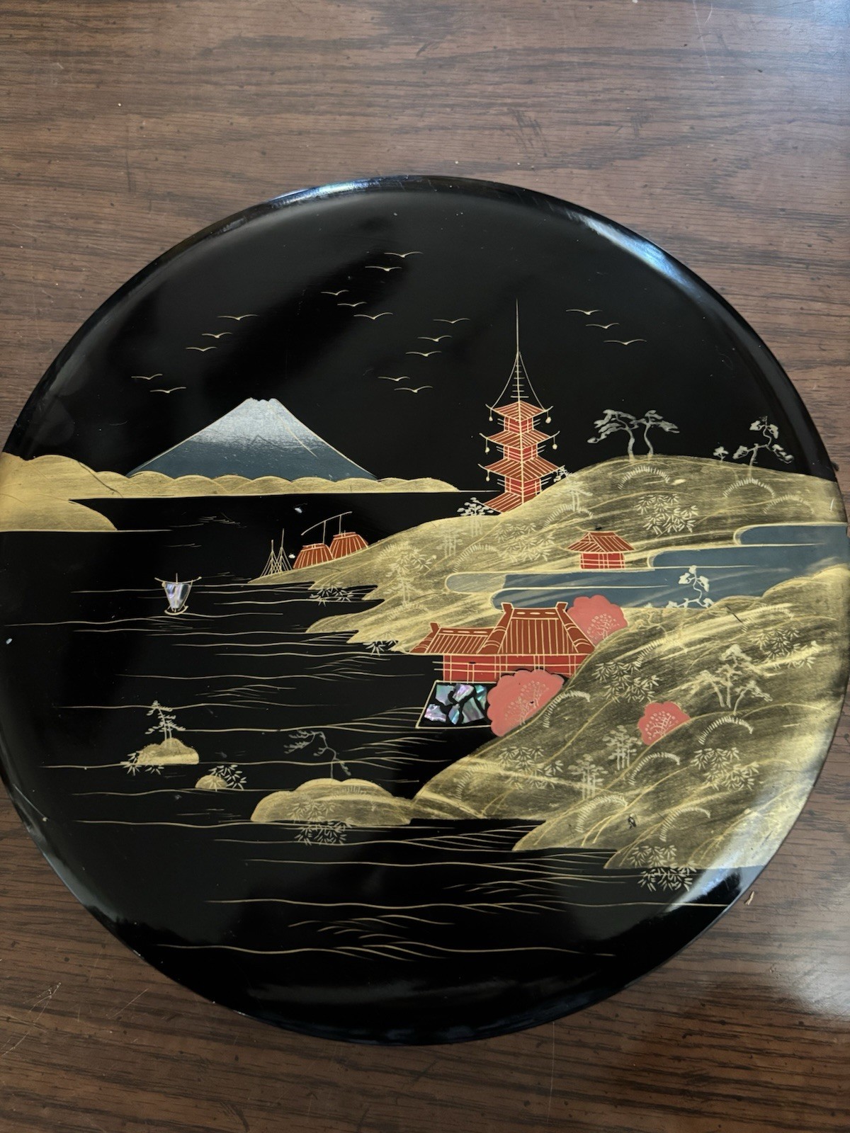 Vintage Shirokiya Japan Black Gold Lacquer Covered Hors d\'Oeuvre Set Mt Fuji