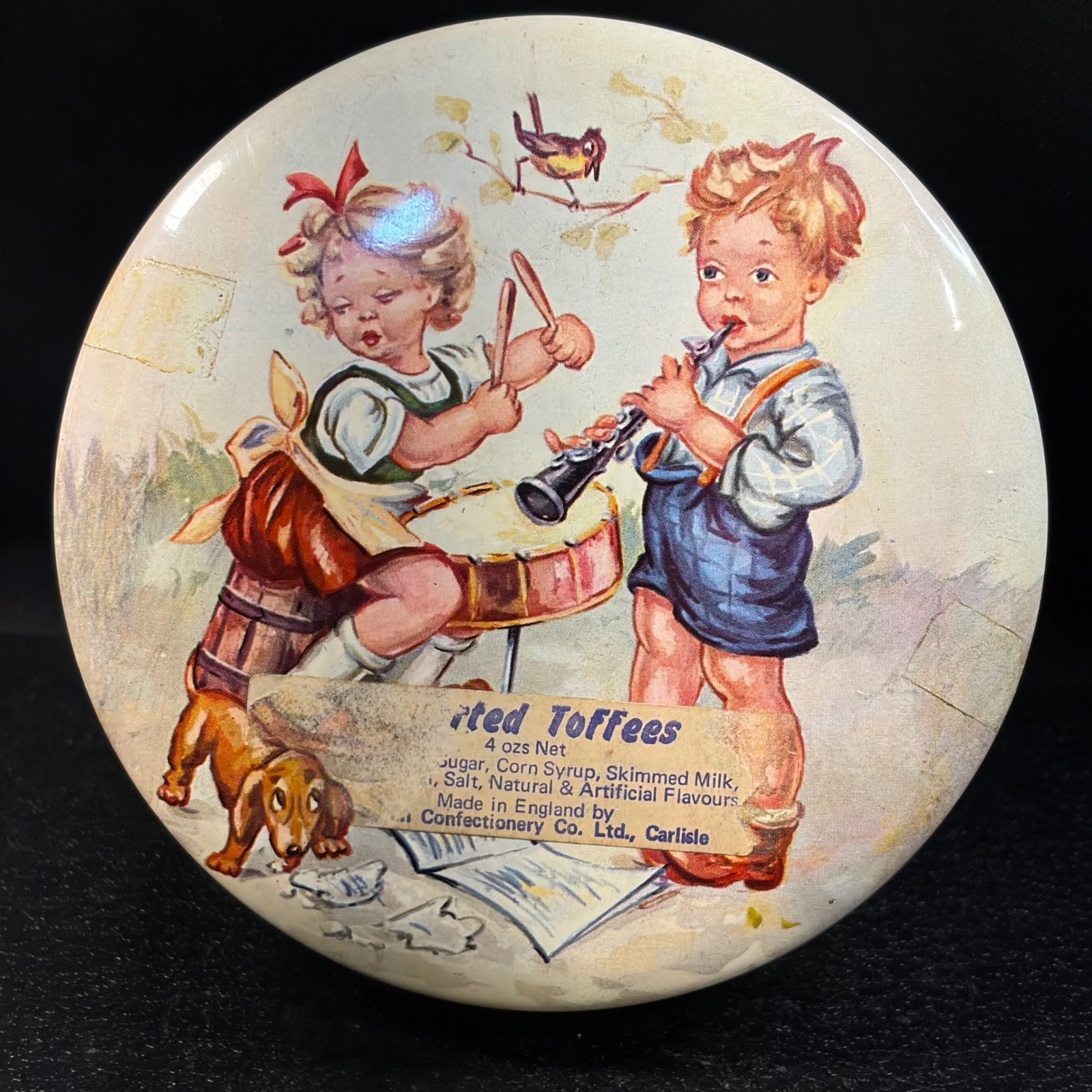 Vintage Confectionery Co Carlisle England Toffee Tin Children Music Folk Art 4in