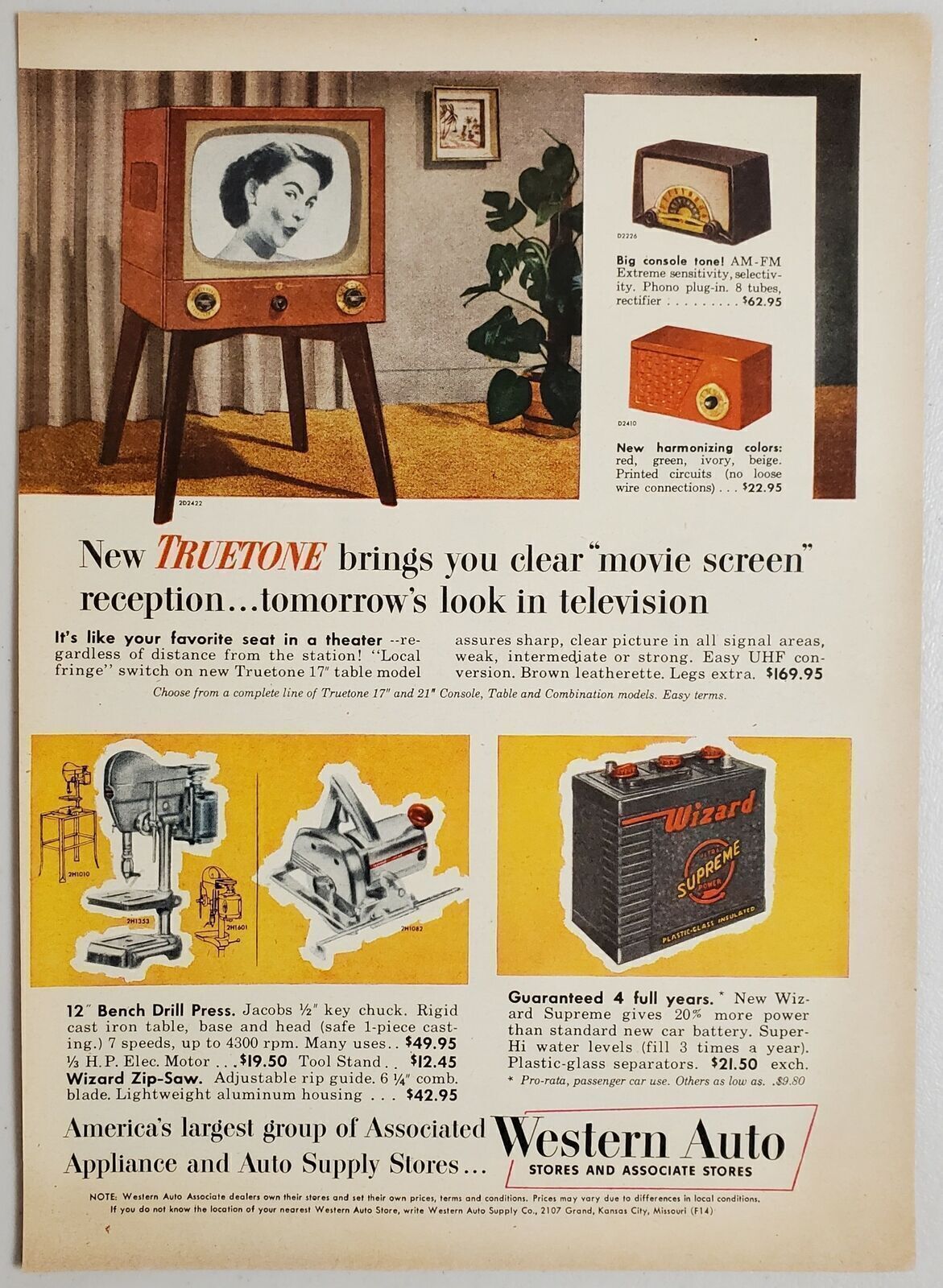 1954 Print Ad Truetone Television Sets & Radios Western Auto Stores