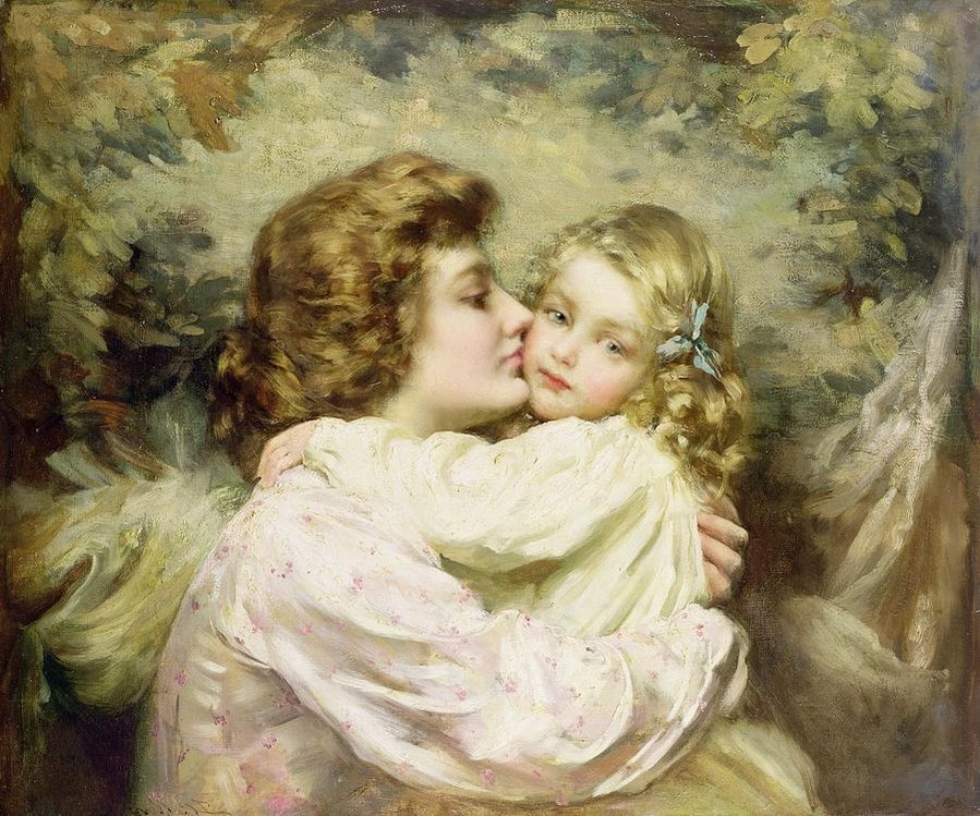 Art oil painting nice young mother with her child little girl - lovely daughter