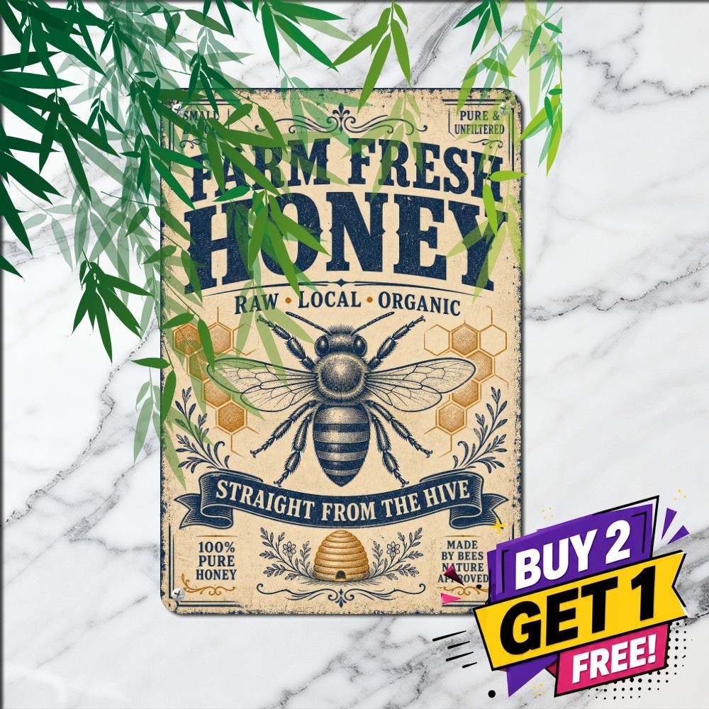 Pure Farm Fresh Honey Sign Country Apiary Kitchen Wall Decor Metal Tin Plaque