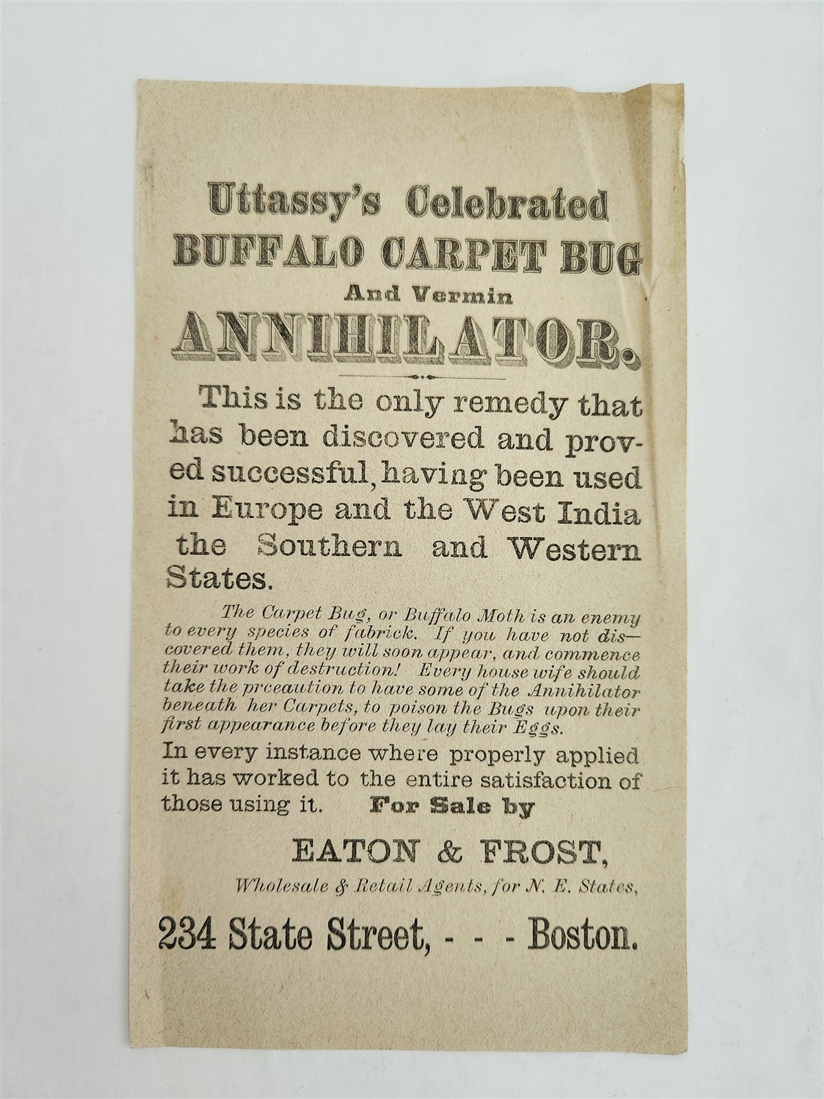 c1850s antique EATON & FROST boston ma ANNIHILATOR BUFFALO CARPET BUG broadside