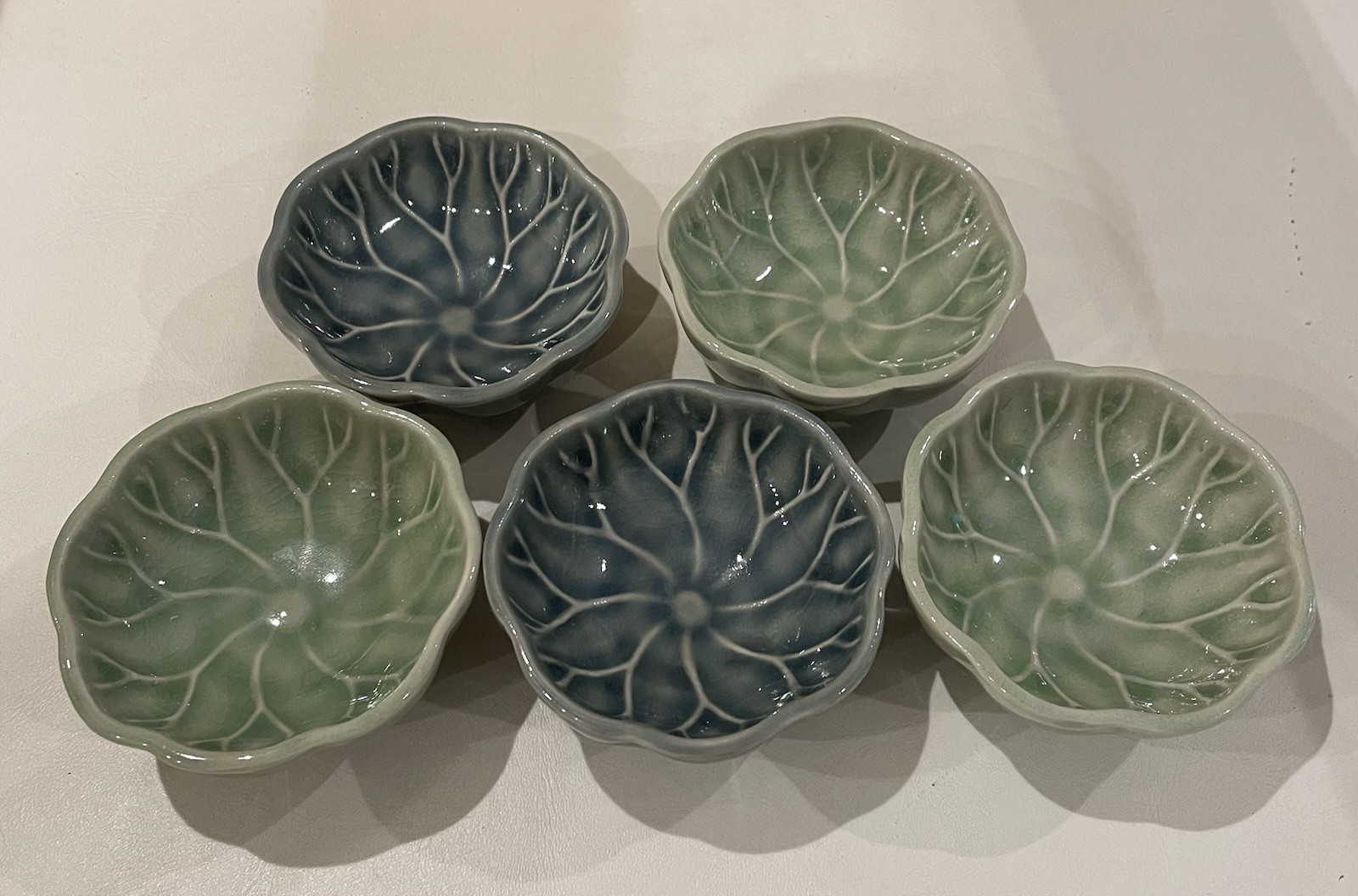 Set 5 Vintage Lotus Leaf Condiment Bowls Baan Celadon Chiang Mai Green Blue Thai