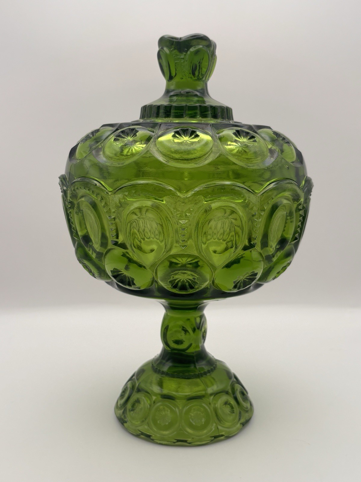 VTG LE Smith Green Moon and Star Large Covered Compote Candy Dish Lid 8” X 6.5”