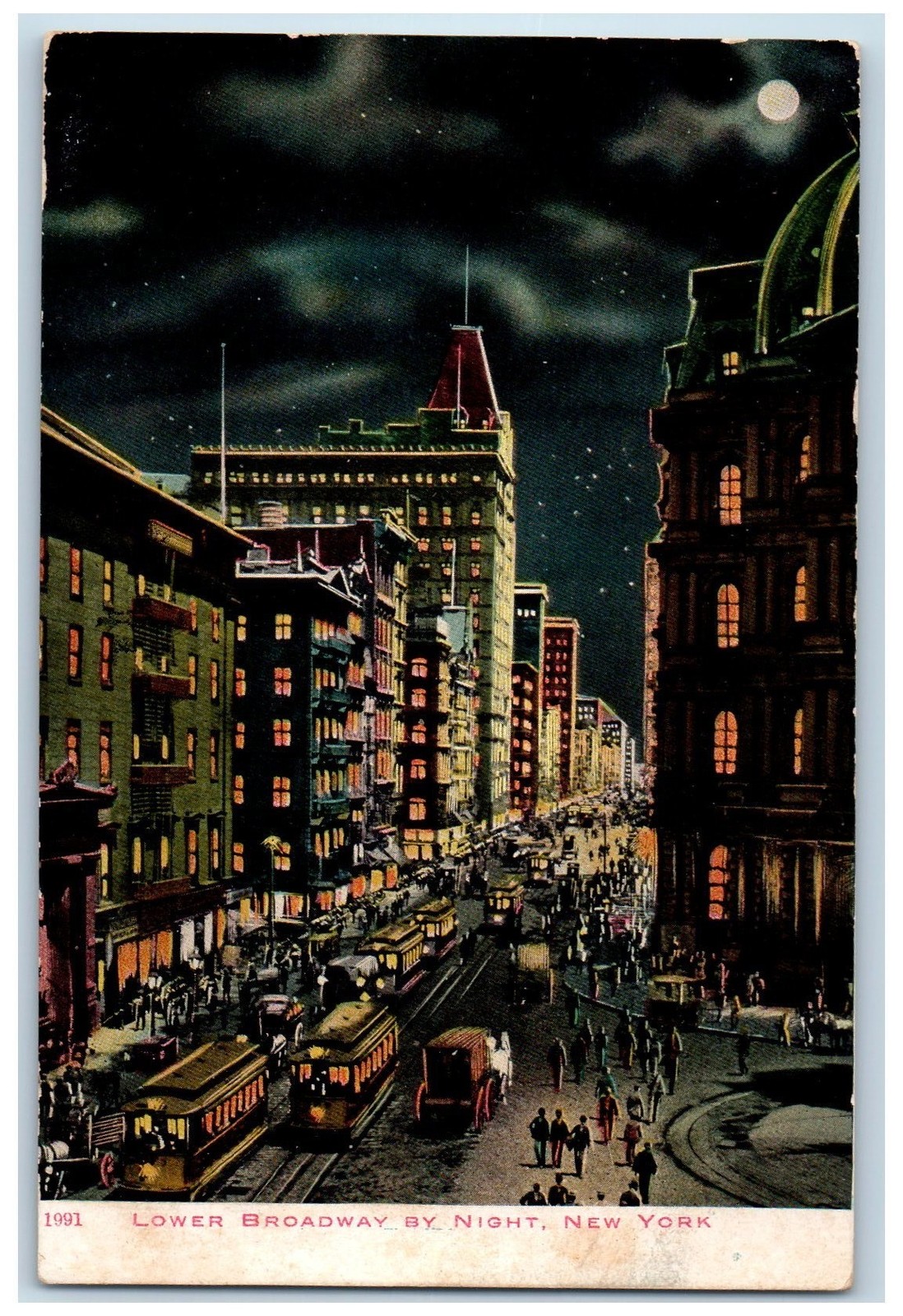 c1905\'s Lower Broadway By Night Trolley Buildings Downtown New York NY Postcard c1905\'s Lower Broadway By Night Trolley Buildings Downtown New York NY Postcard