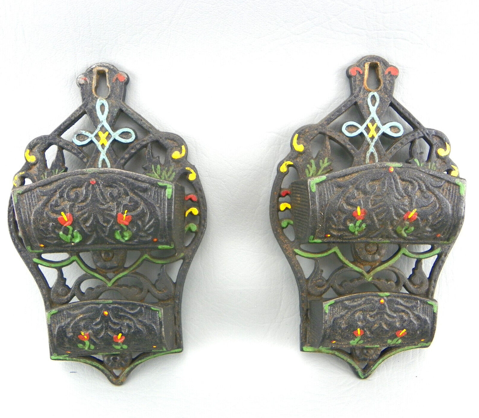 Vintage Hand-Painted Wilton Cast Iron Wall Mount Match Safe Holders Set Lot Of 2
