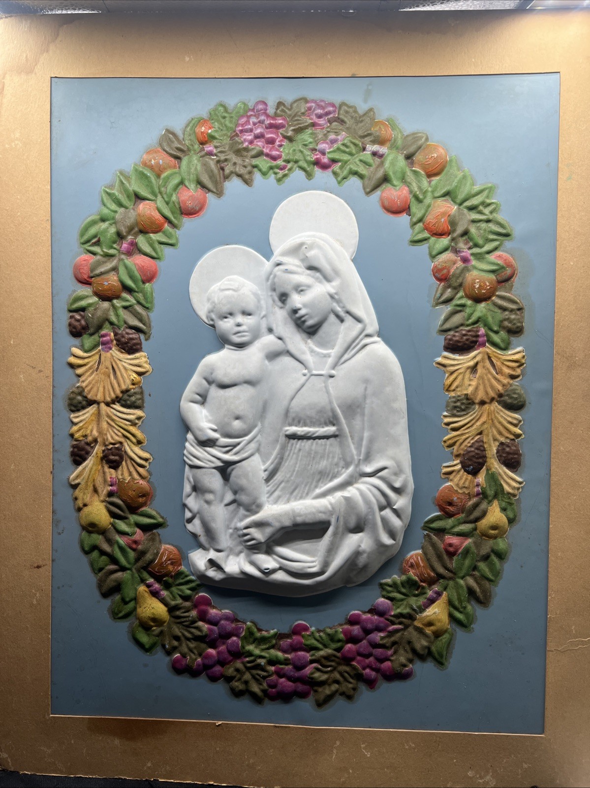 Antique Della Robbia Madonna Mary Jesus Virgin Child Plastic Relief Wall Art Vtg