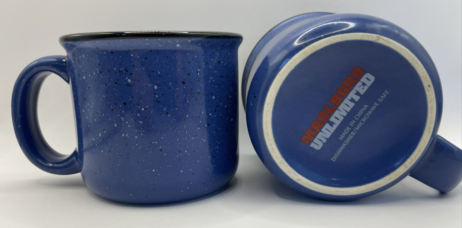 Set of 2 Marlboro Unlimited Blue Coffee Mugs Speckled Ceramic Cups Vintage Promo