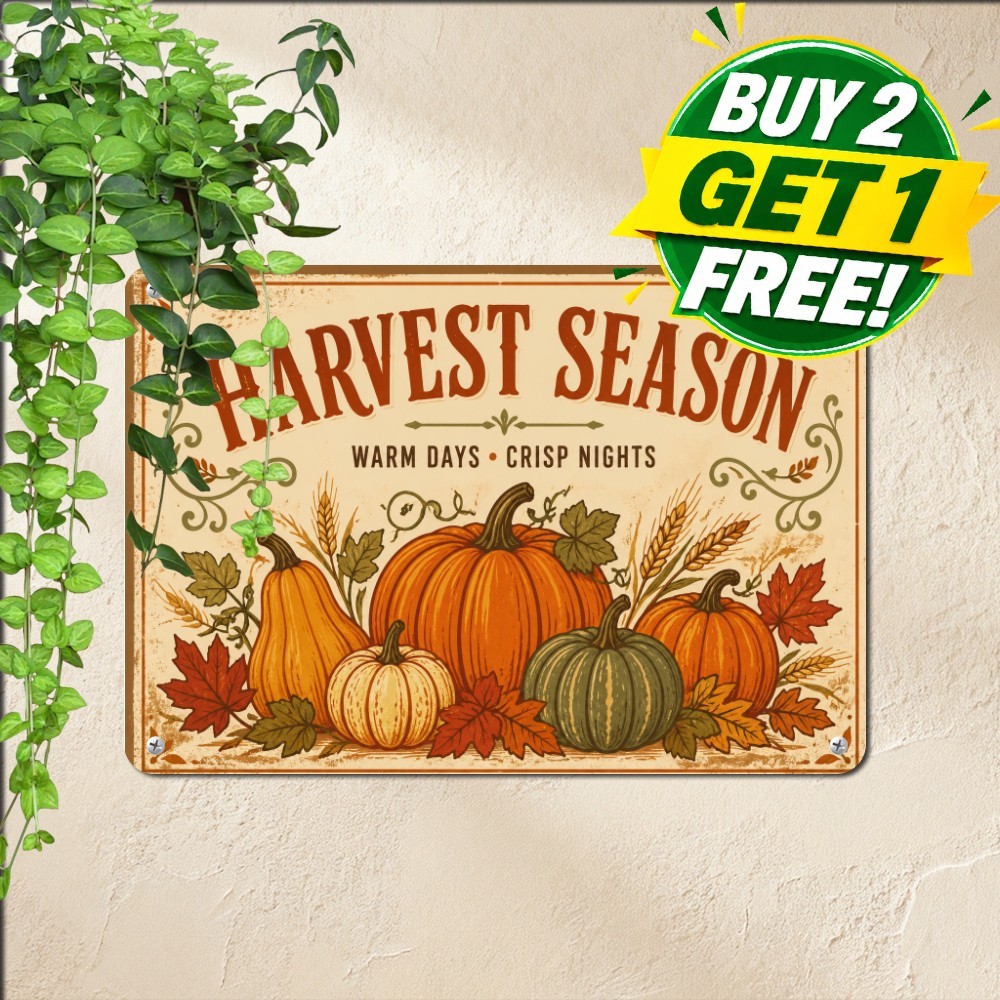 Rustic Autumn Fall Leaves Harvest Plaque Country Seasonal Home Metal Tin Sign