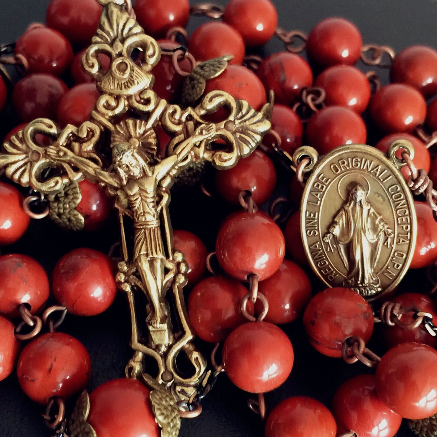 Rare Red Carnelian Rose beads Vintage Catholic Rosary Necklace  Cross crucifix