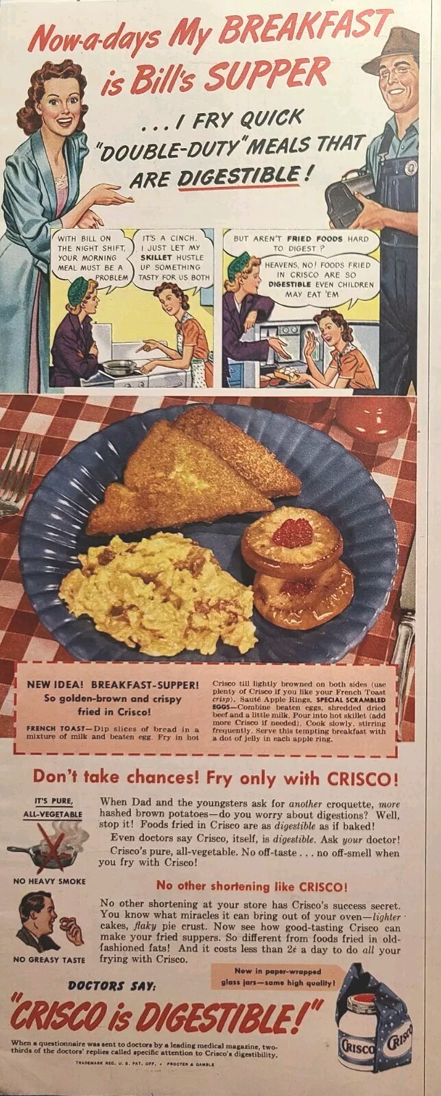 Crisco Shortening All-Vegetable Fried Foods Breakfast Plan Vintage Print Ad 1943