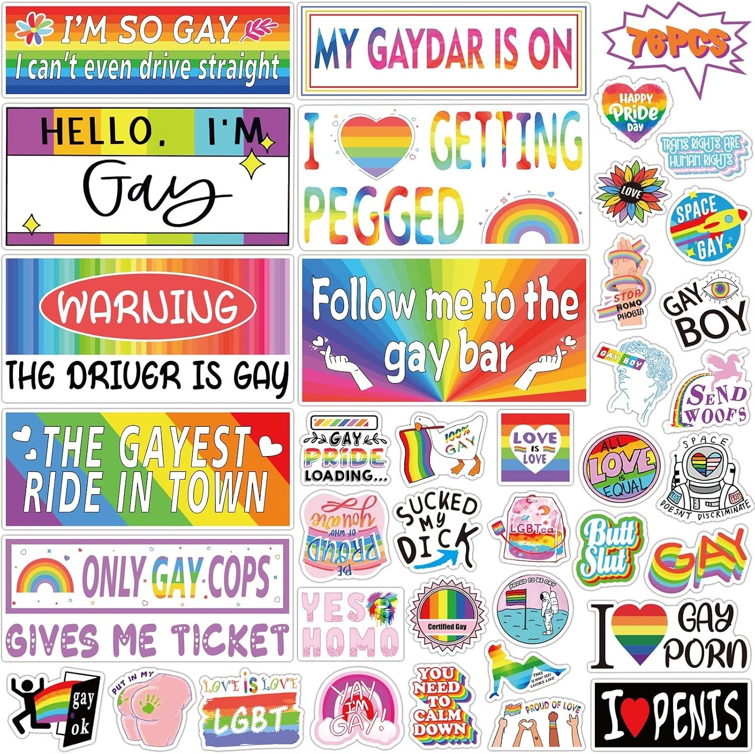 76 PCS  Funny Gay Prank Bumper Stickers, Funny LGBT Gay Stickers for Ca