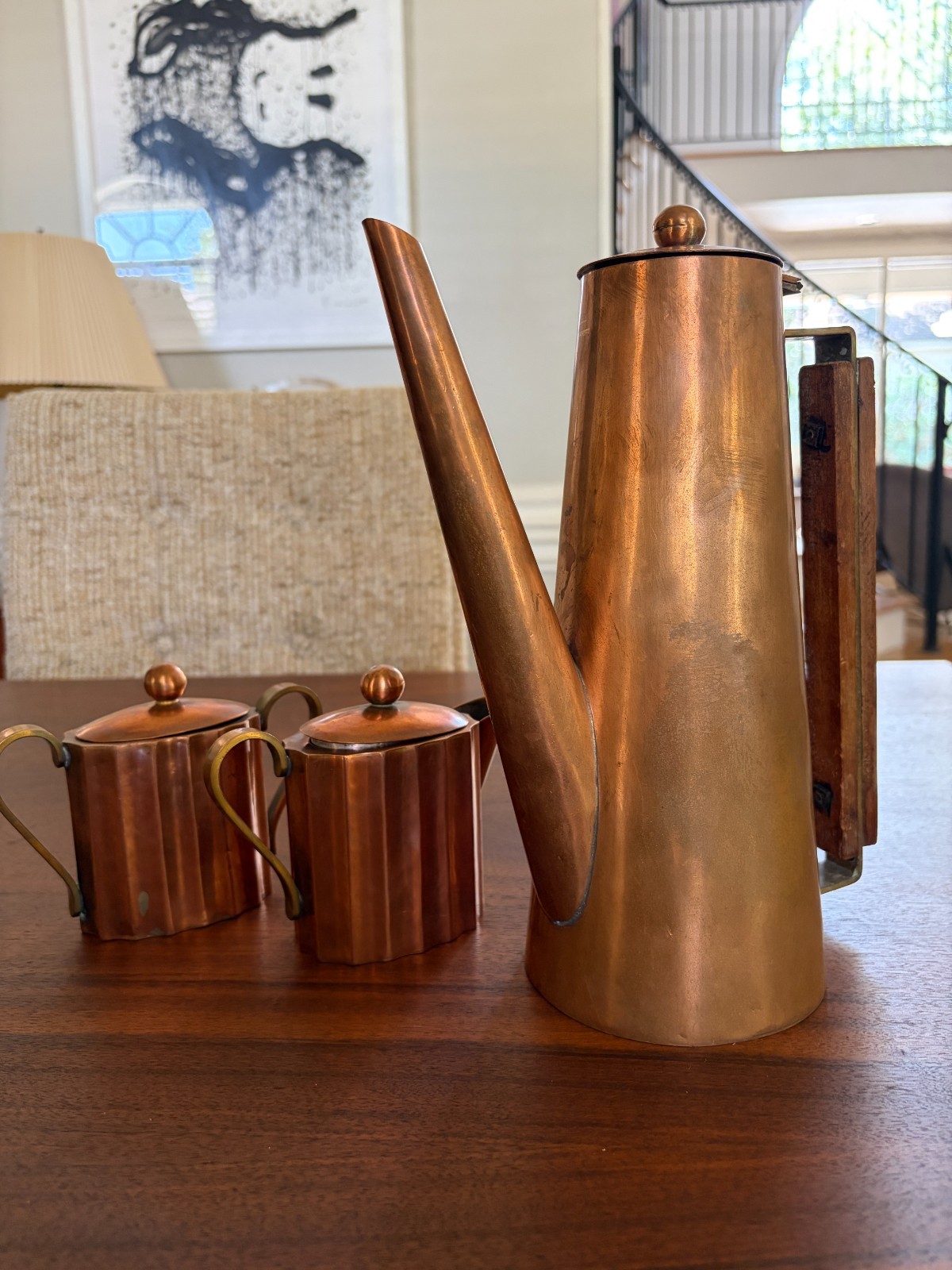 Handcrafted Mid Century Modern Copper Coffee Set Brass Wood Artisan MCM VTG