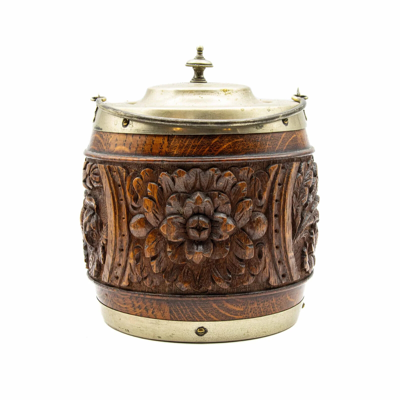 Antique English Heavily Carved Biscuit Barrel Oak & Silverplate w/ Porcelain