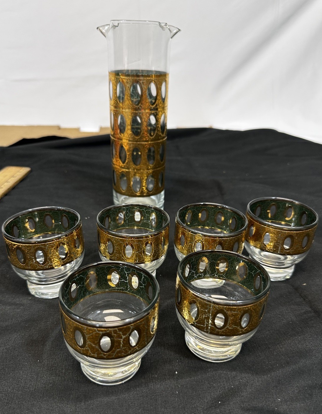 Vintage MCM Culver Pisa 7 Piece 22k Gold Cocktail Glasses & Pitcher Set