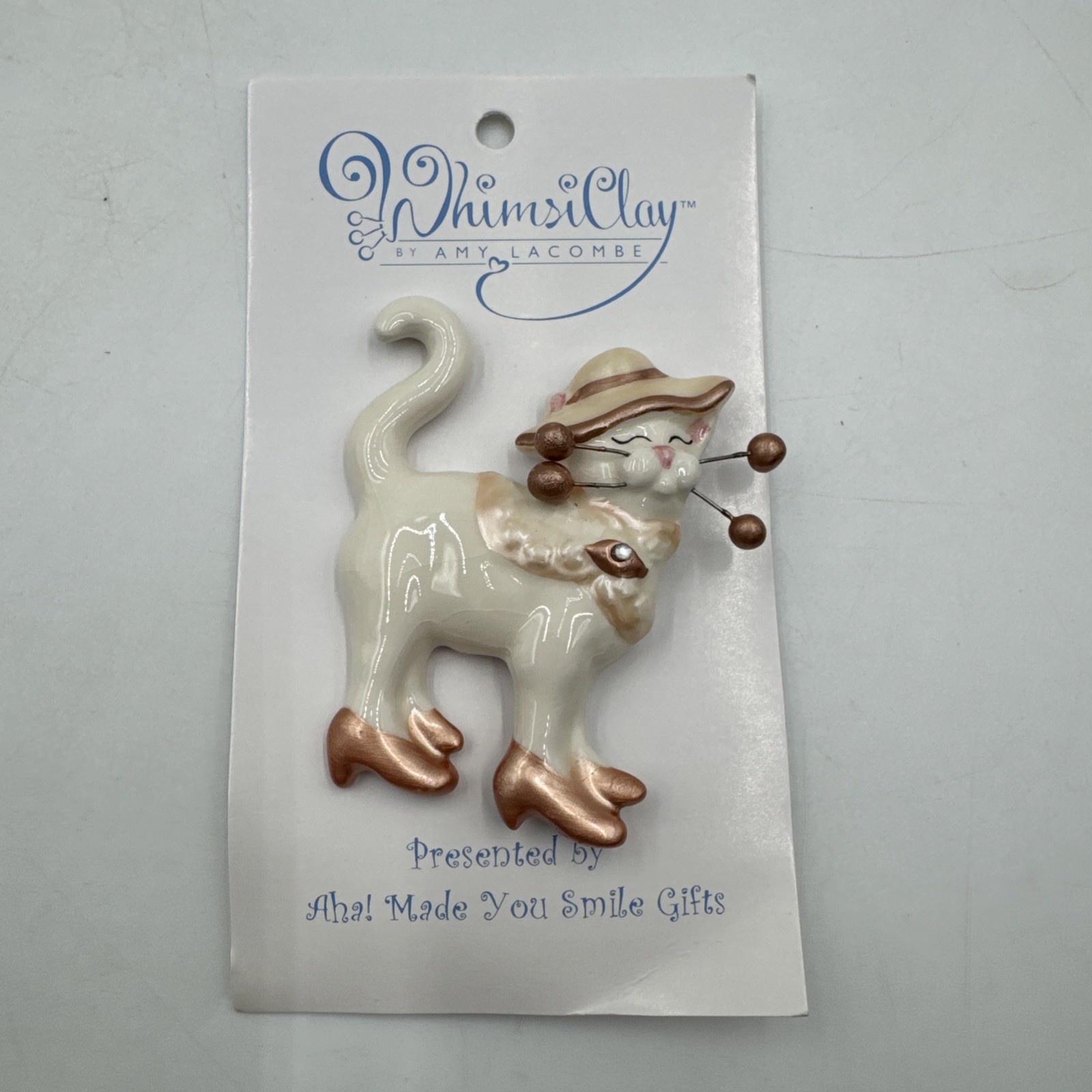 NOS Vintage WhimsicClay By Amy Lancombe Ceramic White & Gold Cat Brooch #10032