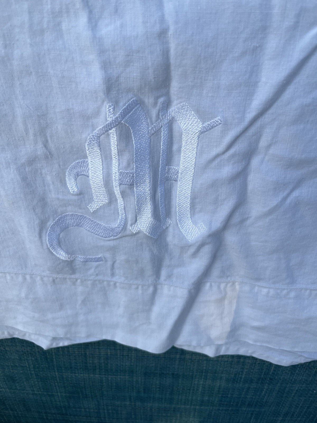 Antique Linen Bed Sheet Monogram 66” 