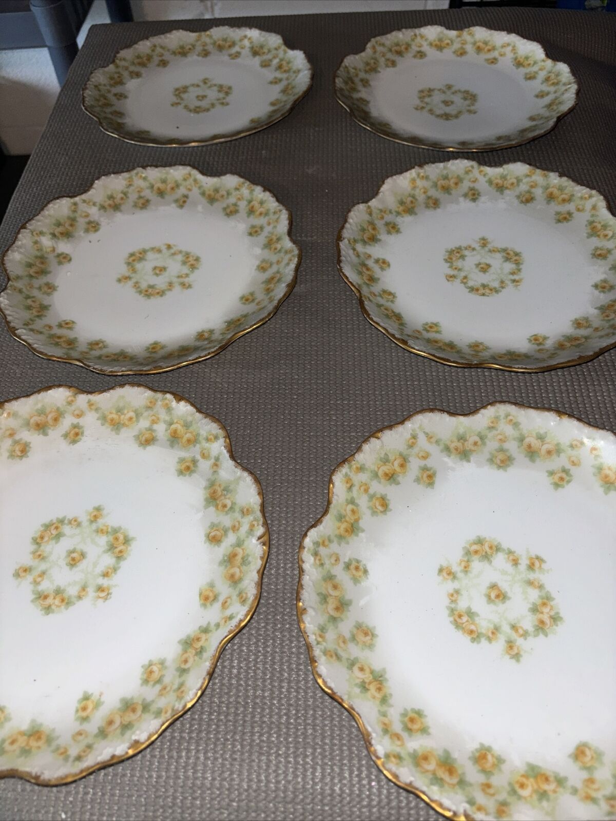 (6)RARE ELITE WORKS LIMOGES YELLOW ROSES HEART GARLAND PLATE, 6”