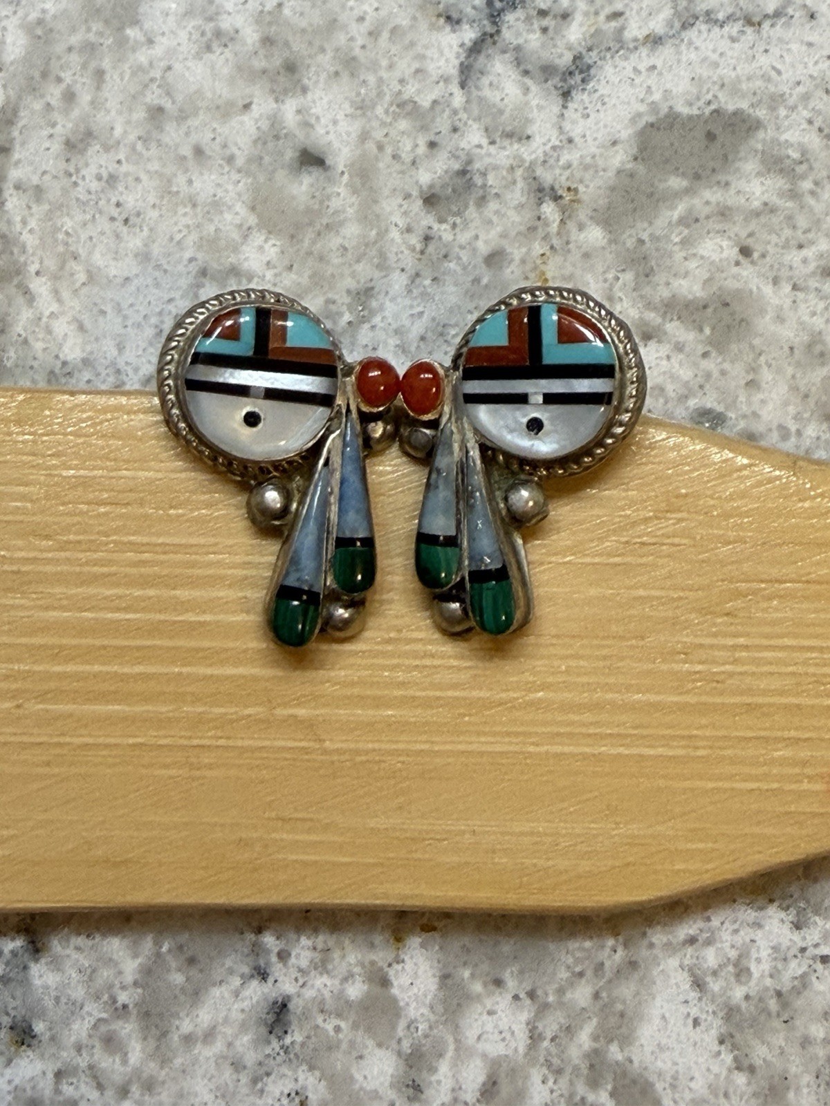 Signed Laahty Sterling Silver Multi Stone Inlay Drum Feather Stud Earrings Signed Laahty Sterling Silver Multi Stone Inlay Drum Feather Stud Earrings