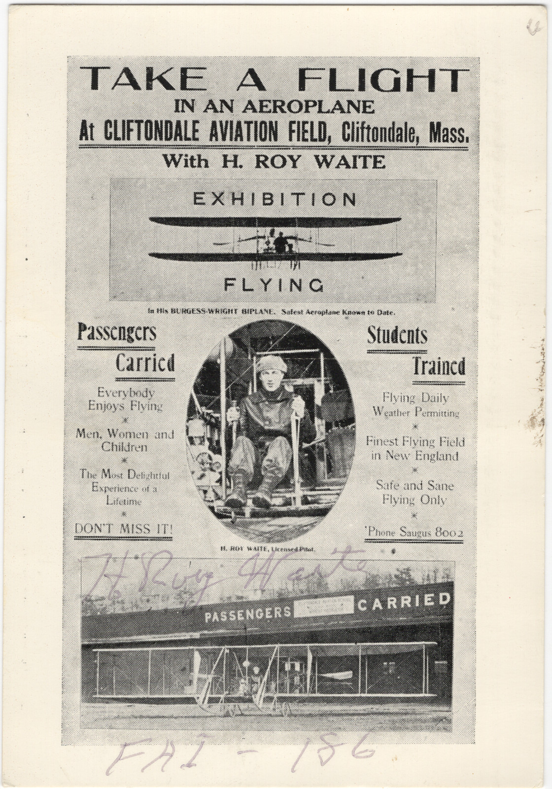 Early Bird Aviator H. Roy Waite Signed 1912 Cliftondale MA Exhibition Flyer