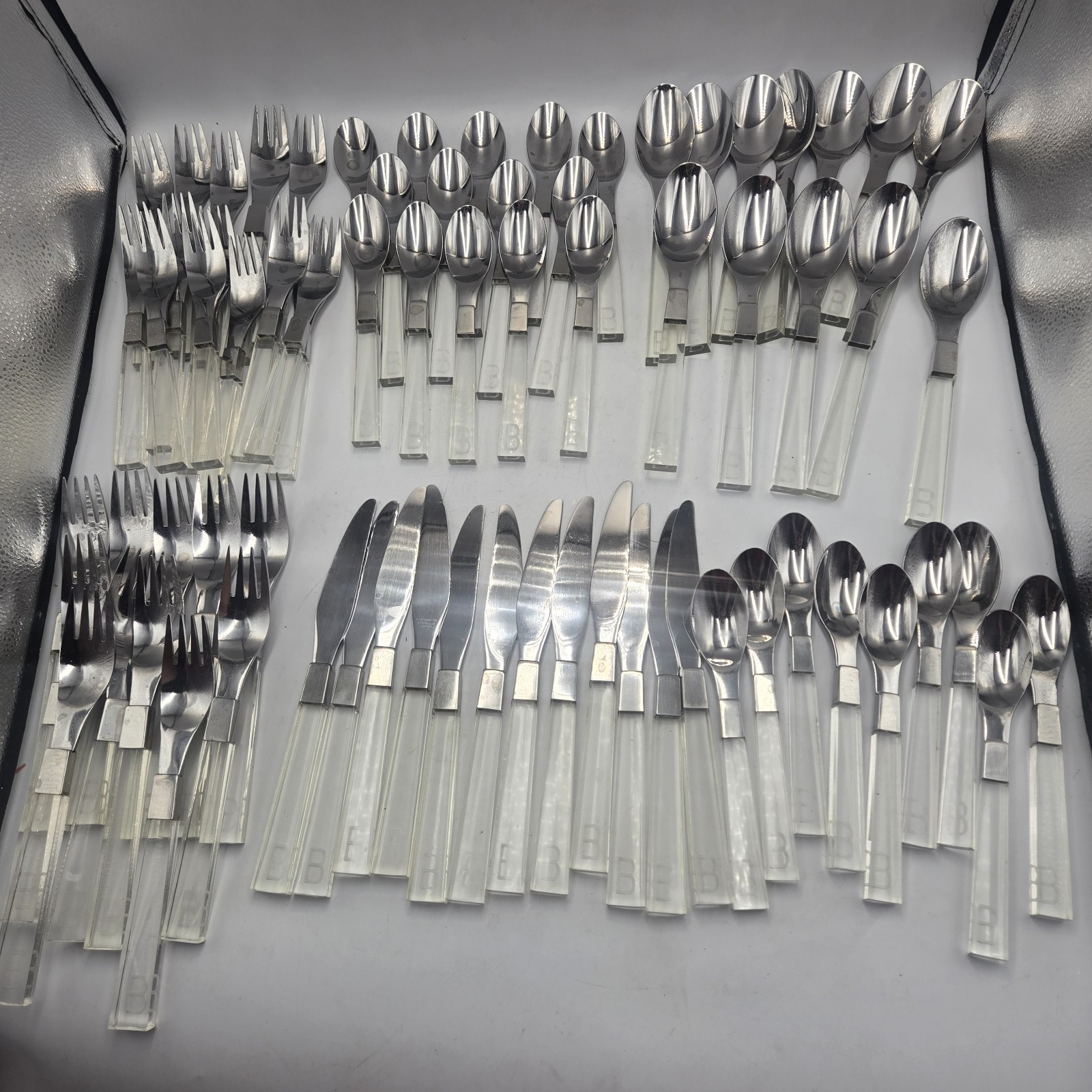 F B Rogers 72 Crystalite Lucite Flatware Silverware MCM B engraved F B Rogers 72 Crystalite Lucite Flatware Silverware MCM B engraved